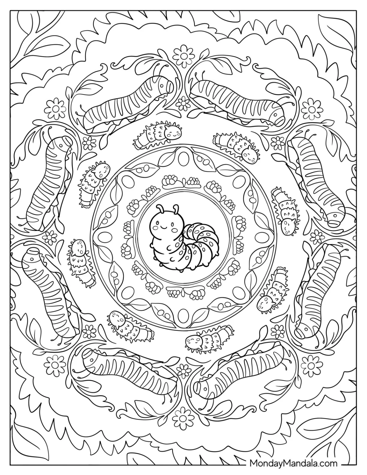Caterpillar Coloring Page of Mandala with Leaves and Floral Patterns coloring page