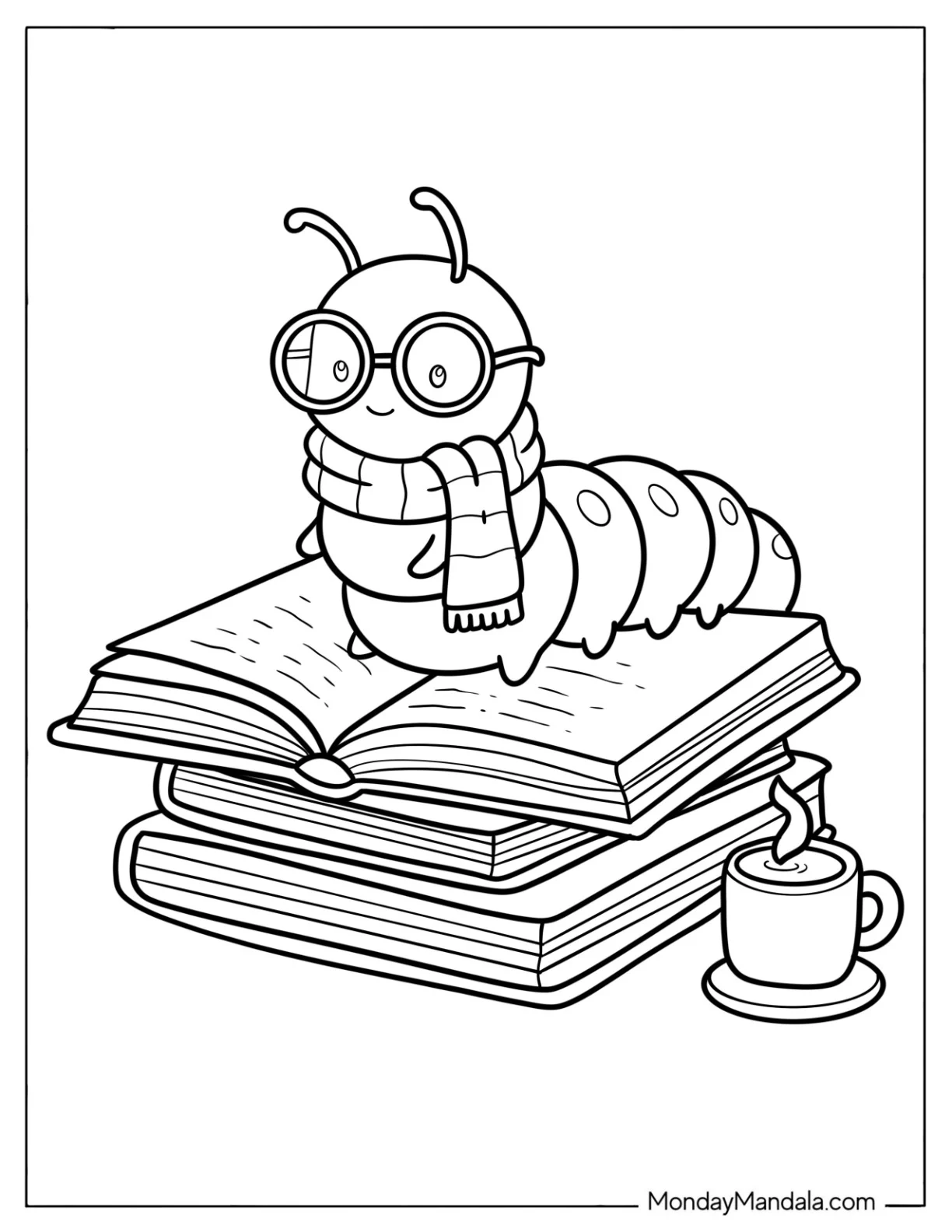 Caterpillar Coloring Page Reading on a Stack of Books with a Teacup coloring page
