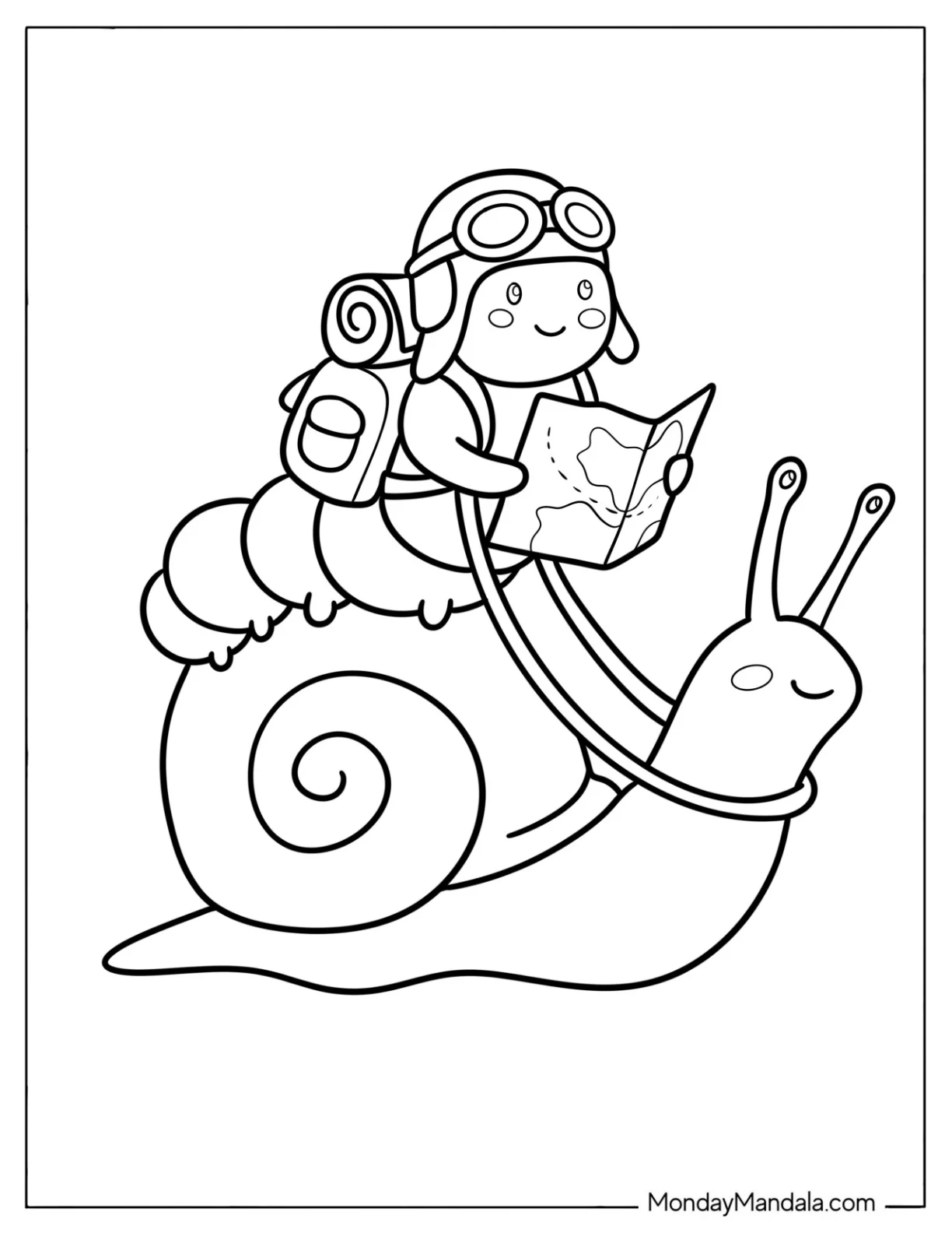 Caterpillar Coloring Page Riding a Snail with a Backpack and Map for Preschoolers coloring page