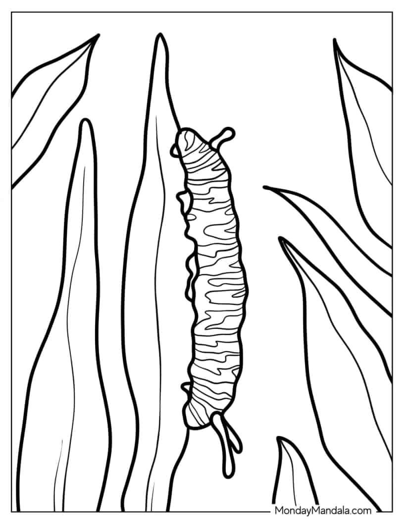 Caterpillar Crawling Up Grass coloring page — printable line art