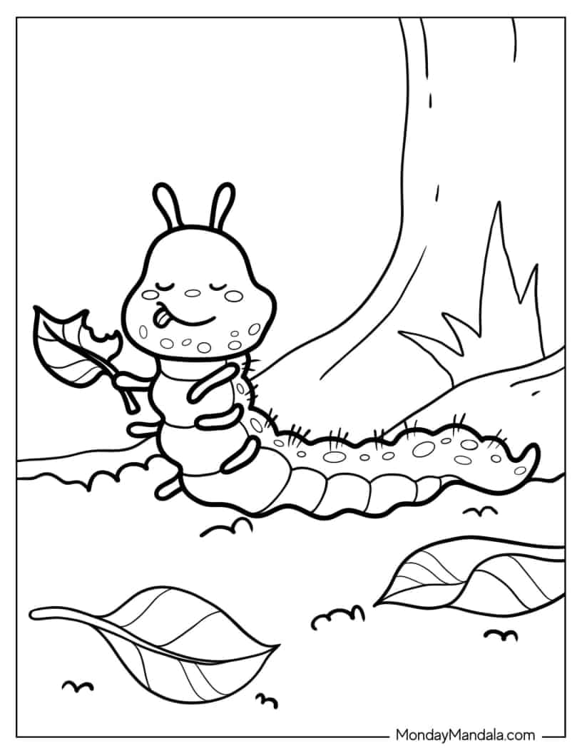 Happy Caterpillar Eating Leafs To Color In coloring page — printable line art