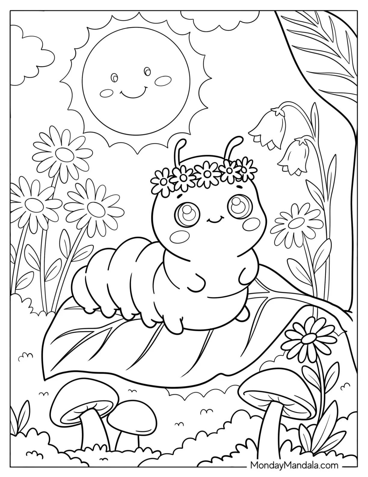 Kawaii Caterpillar Coloring Page with a Flower Crown on a Leaf for Preschoolers coloring page