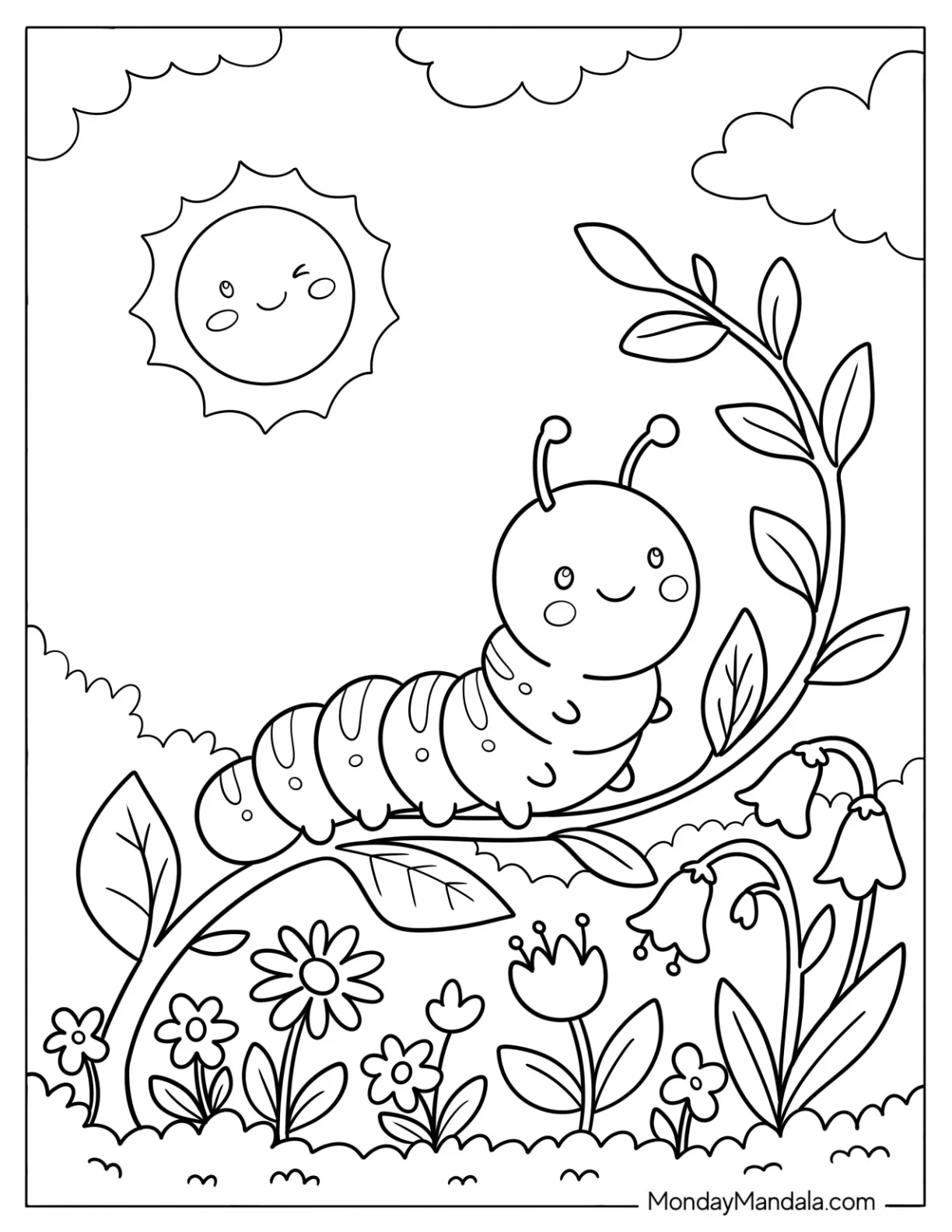Pretty Caterpillar Coloring Page Crawling on a Tree Branch for Kids coloring page
