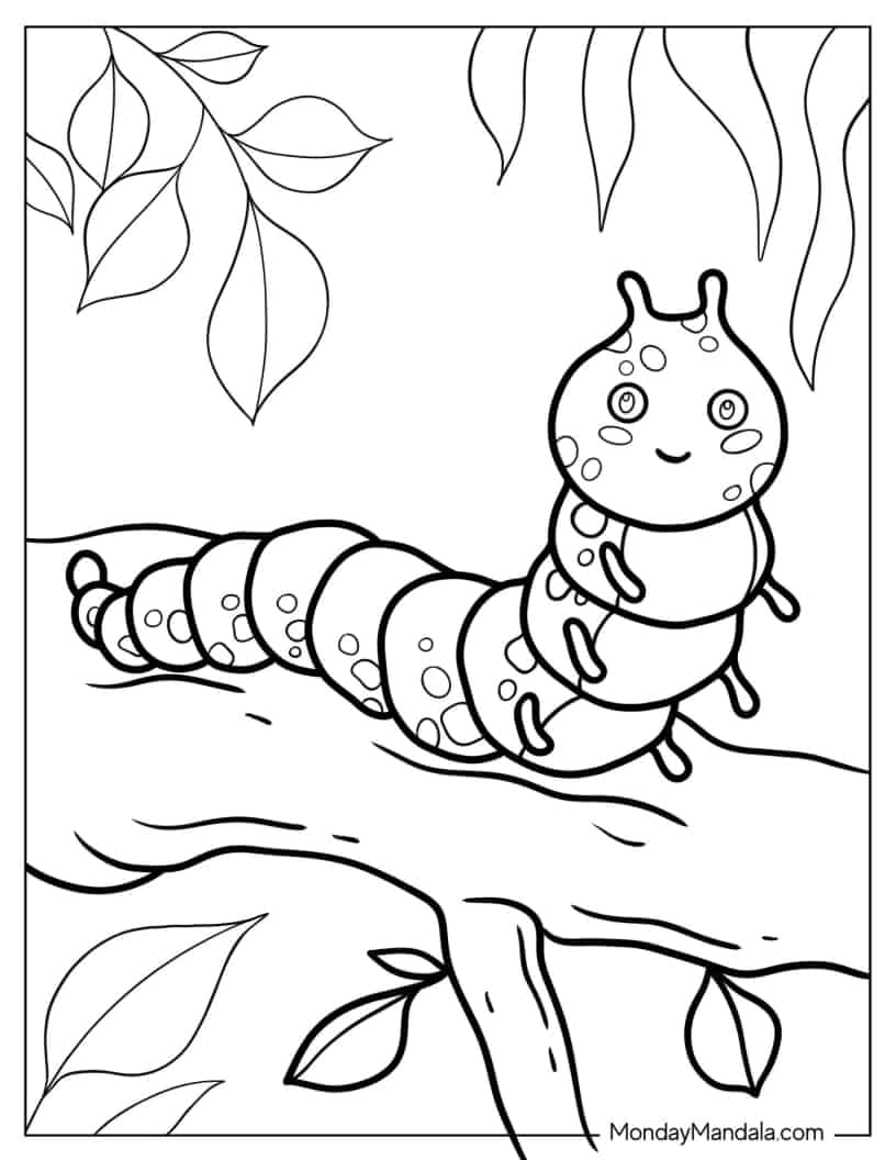 Smiling Caterpillar On Tree coloring page