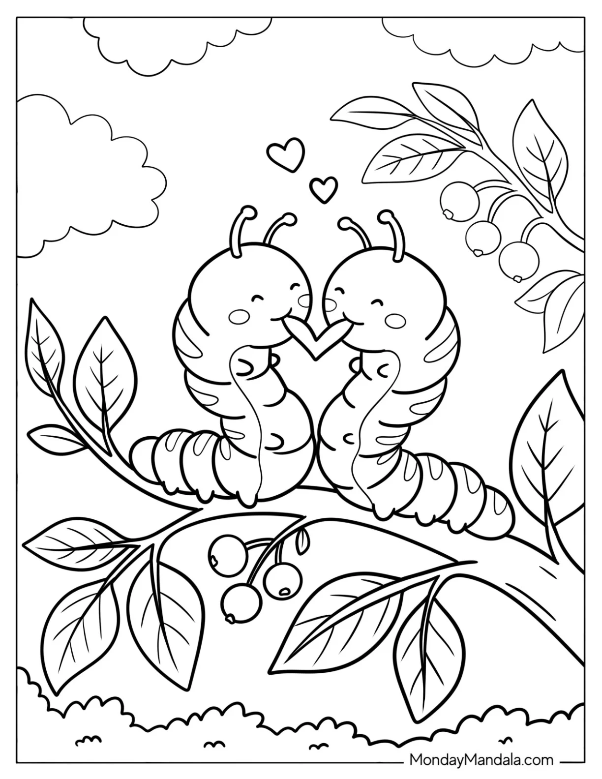 Two Caterpillar Coloring Page Making a Heart on a Tree Branch coloring page