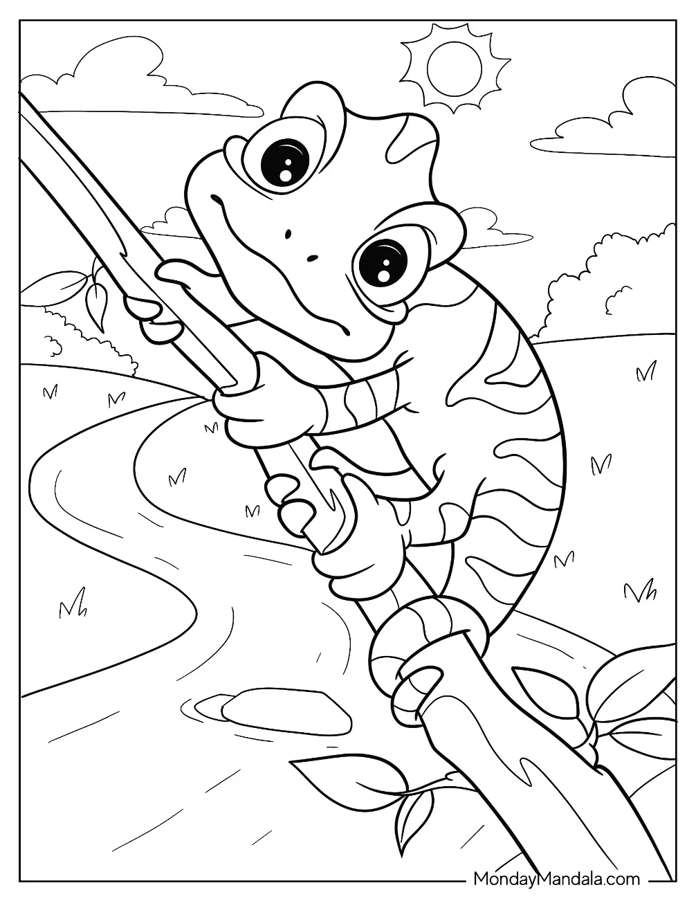 Cartoon Chameleon Coloring Page Clinging To Tree Branch coloring page