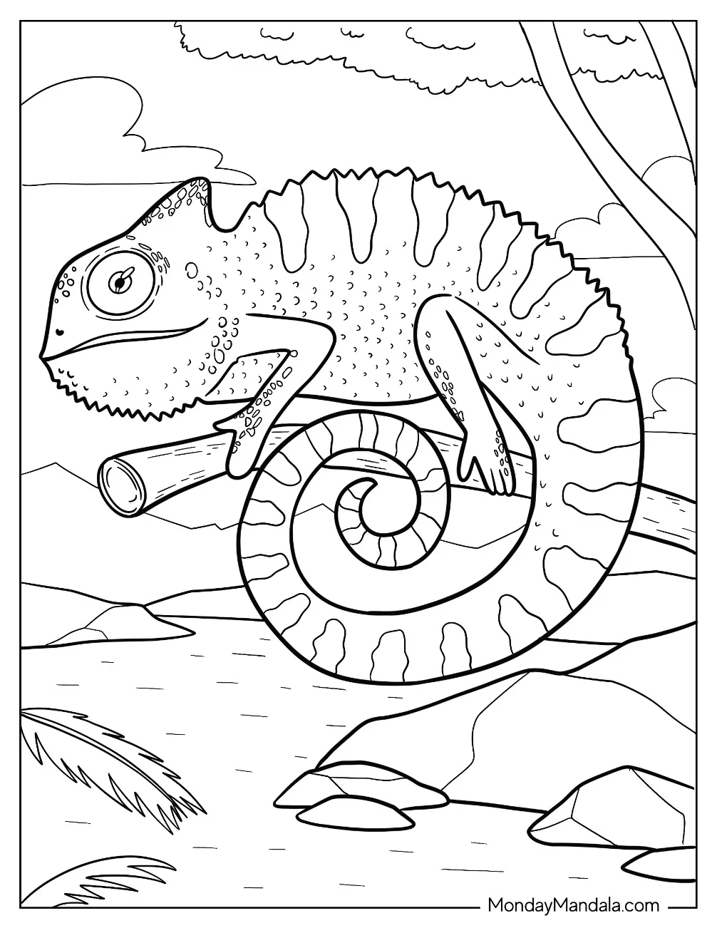 Chameleon Coloring Page With Textured Skin And Curled Tail coloring page