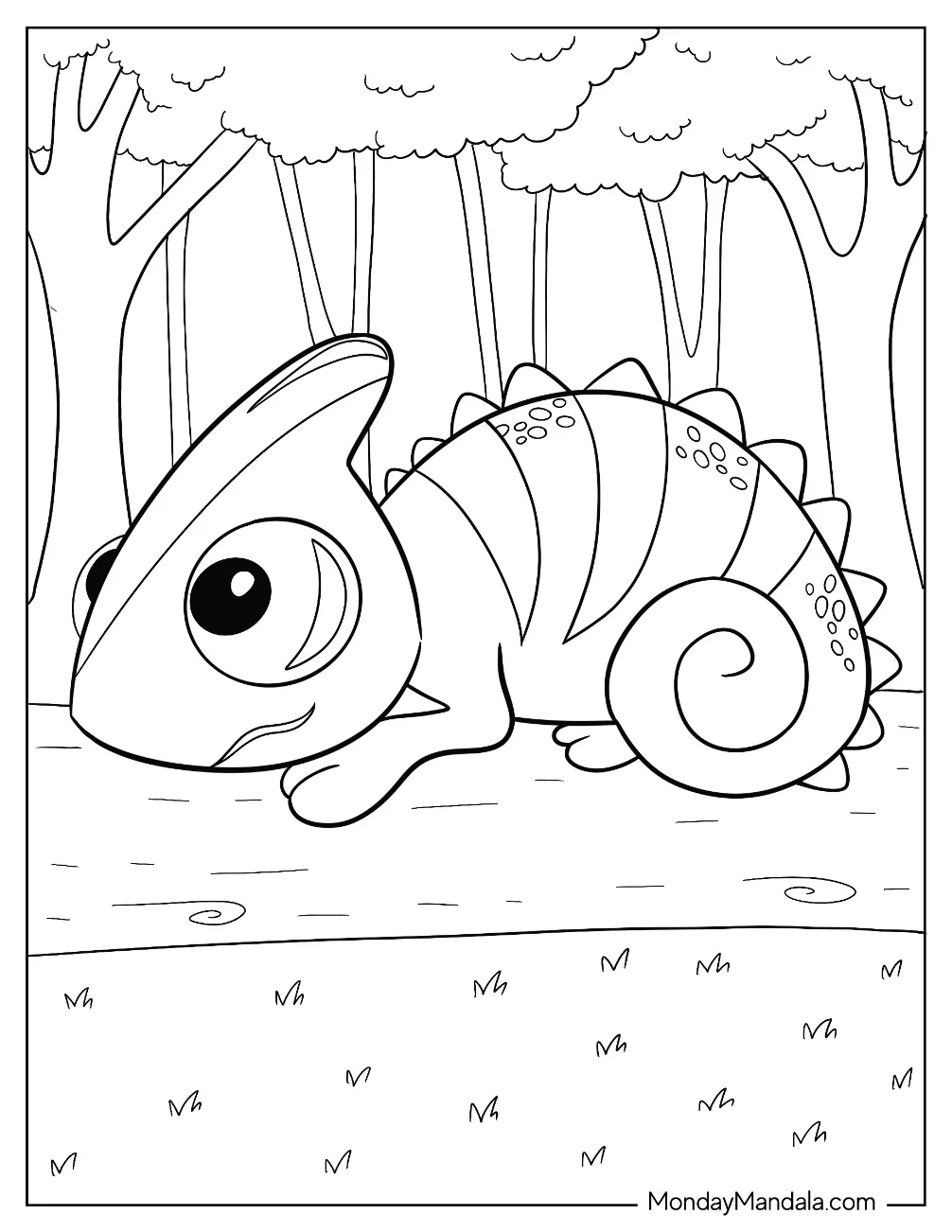 Chibi Chameleon Coloring Page Sitting On Log For Kids coloring page