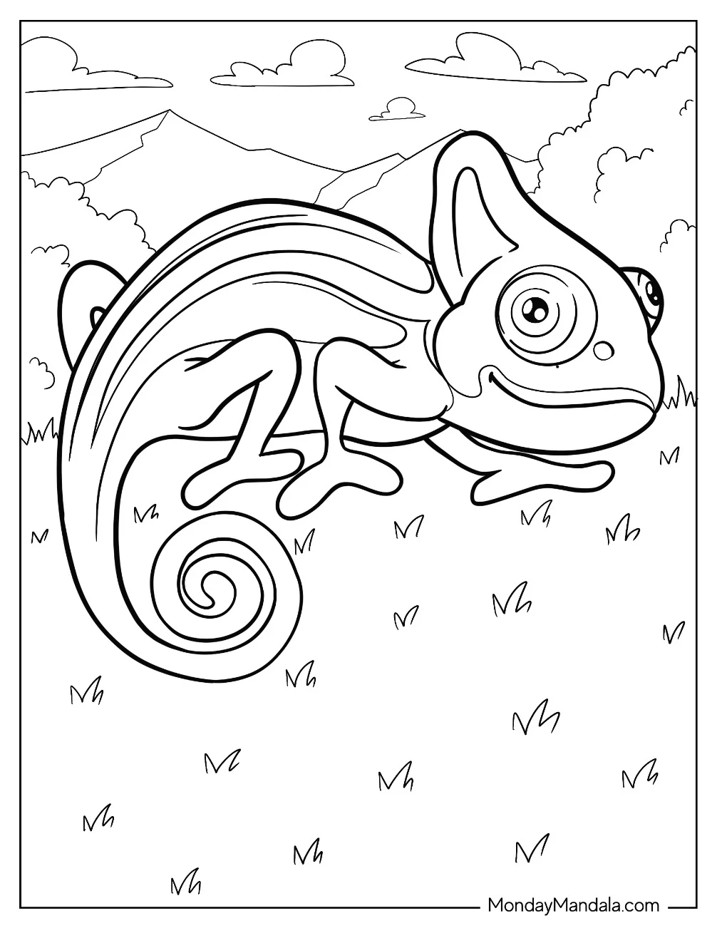 Easy Cartoon Chameleon Coloring Page Crawling On Grass coloring page