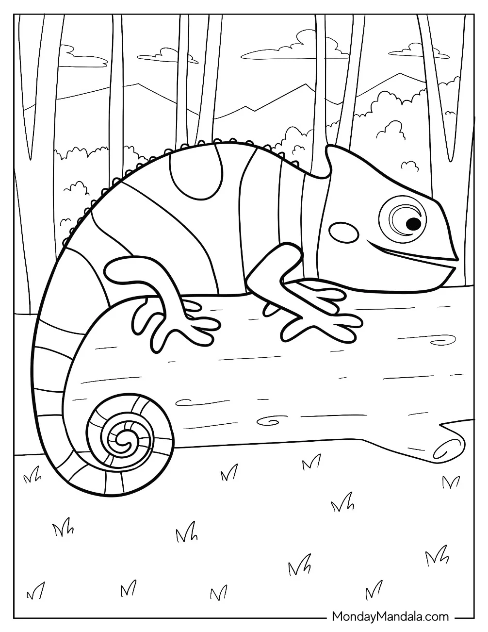 Striped Chameleon Coloring Page Sitting On Large Log coloring page