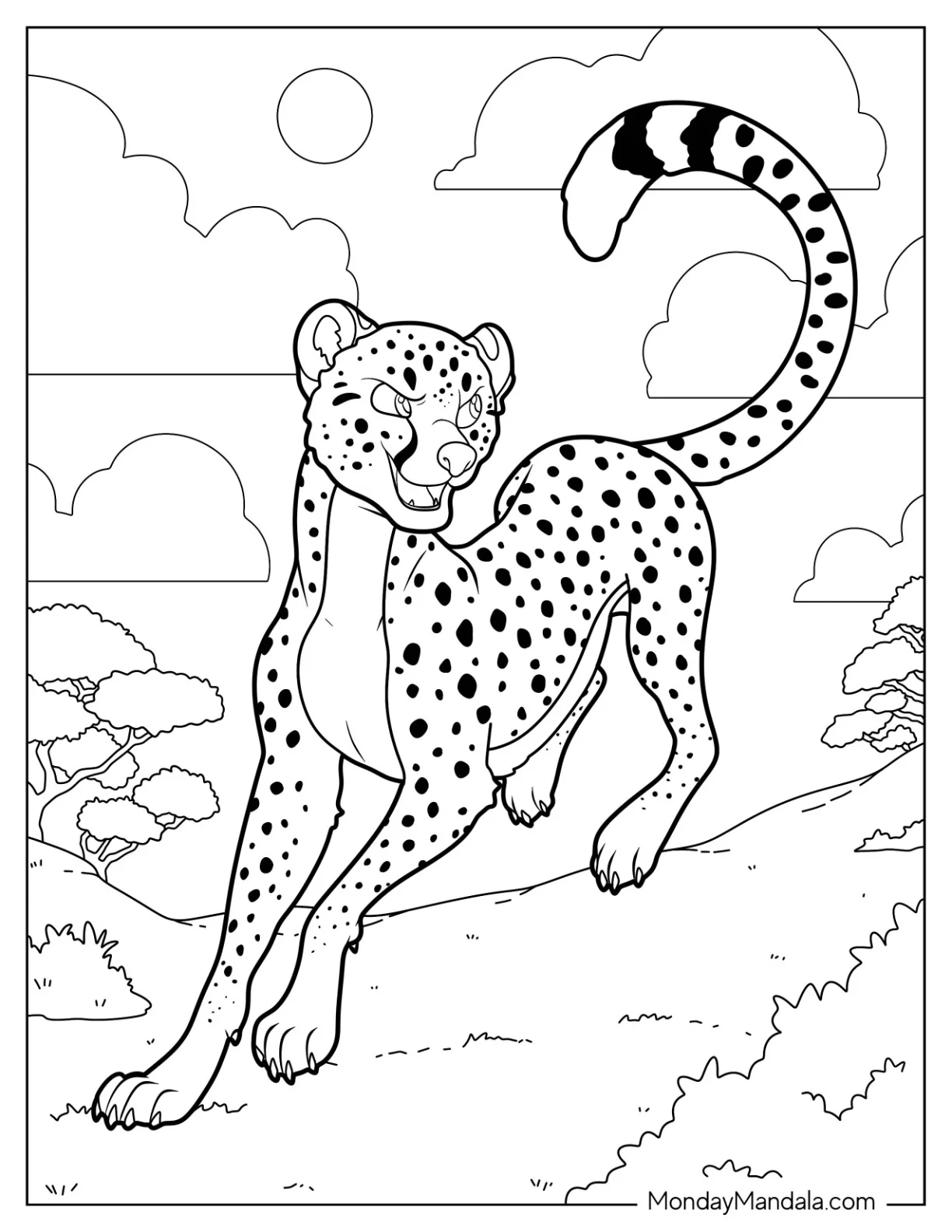 Cartoon Cheetah Coloring Page With Mischievous Grin coloring page