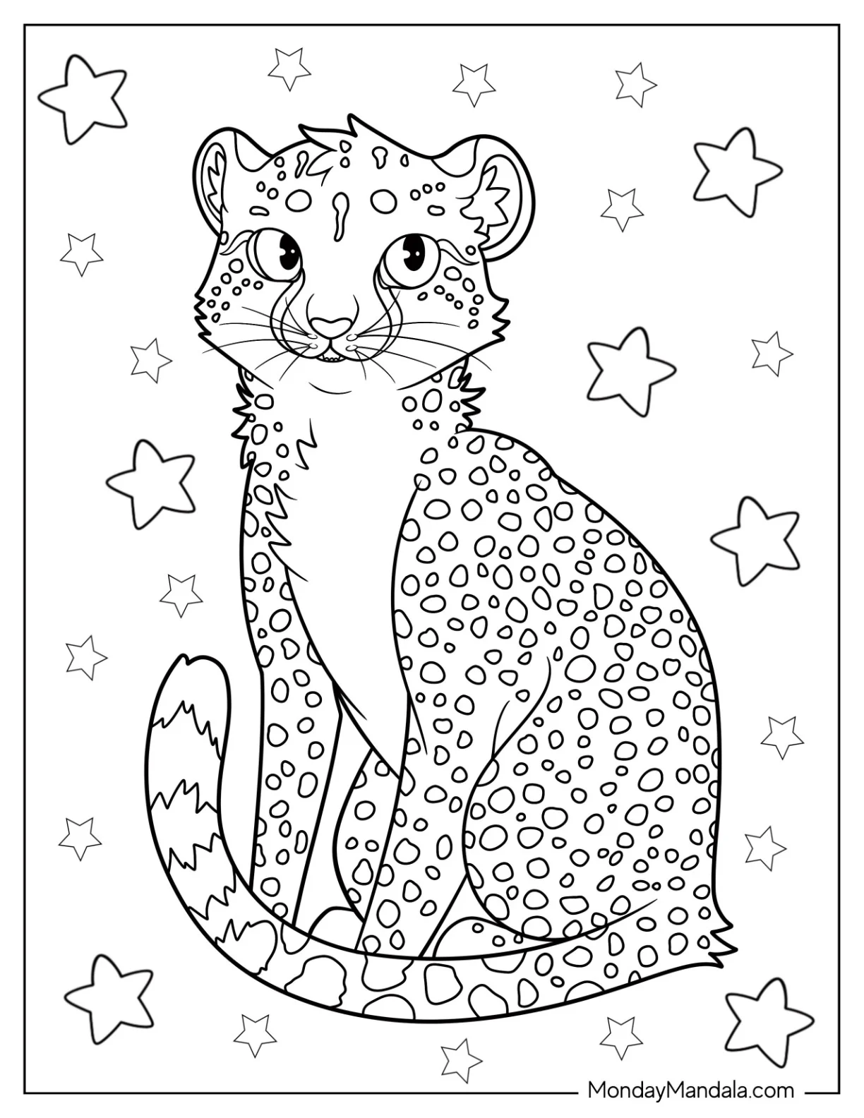 Kawaii Baby Cheetah Coloring Page Sitting Down coloring page — printable line art