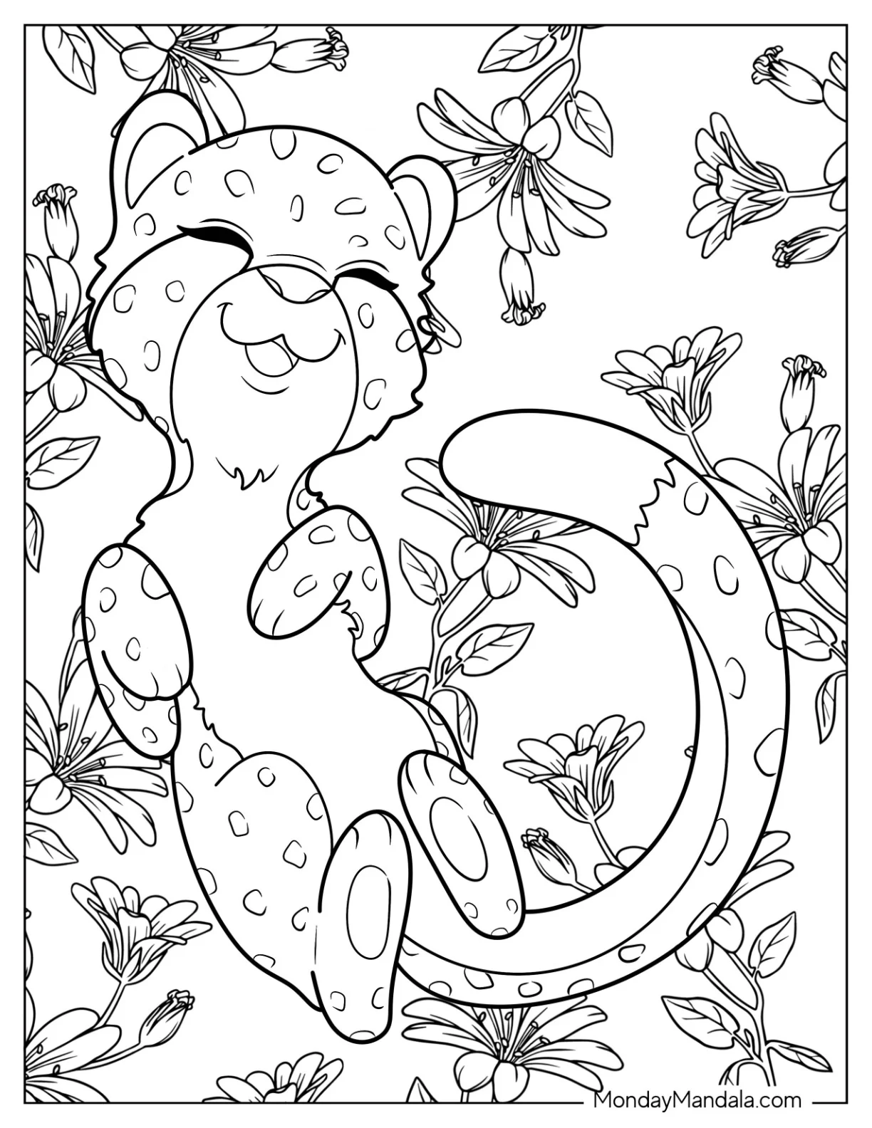 Kawaii Cheetah Coloring Page Sleeping On Its Back With Flowers coloring page