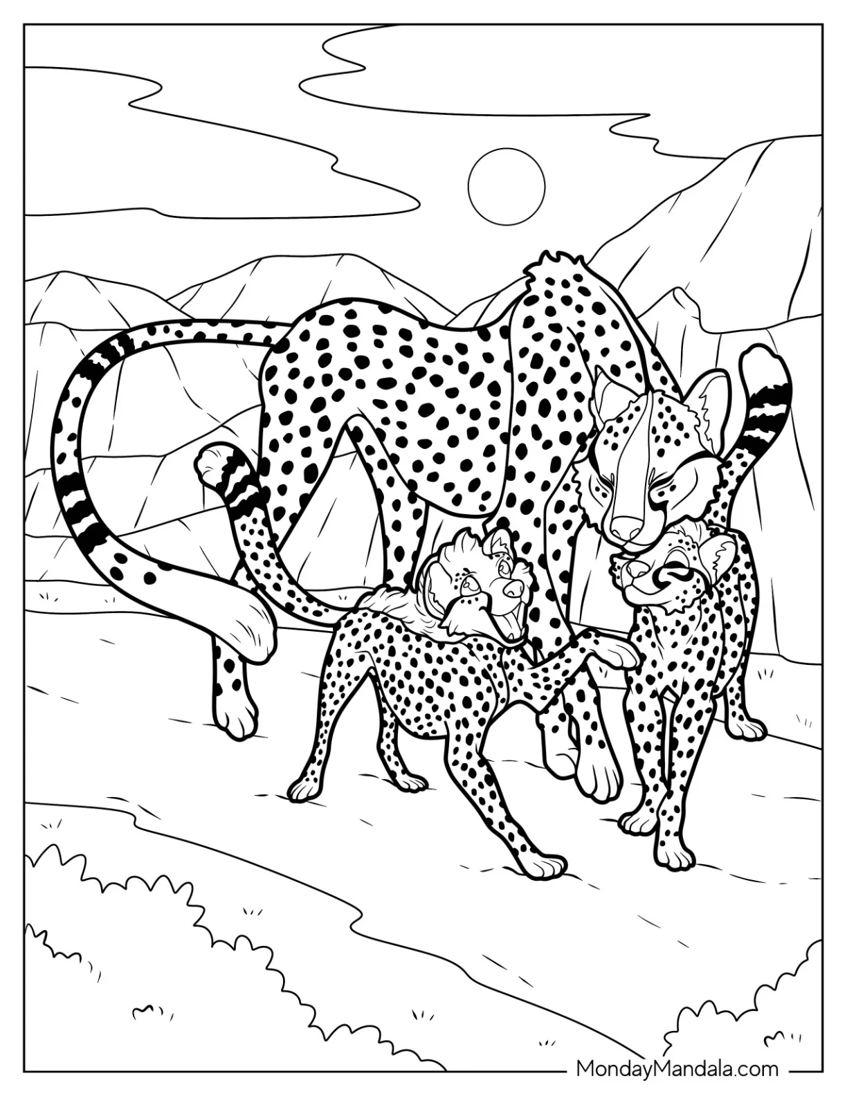 Mama Cheetah Coloring Page With Her Babies coloring page — printable line art