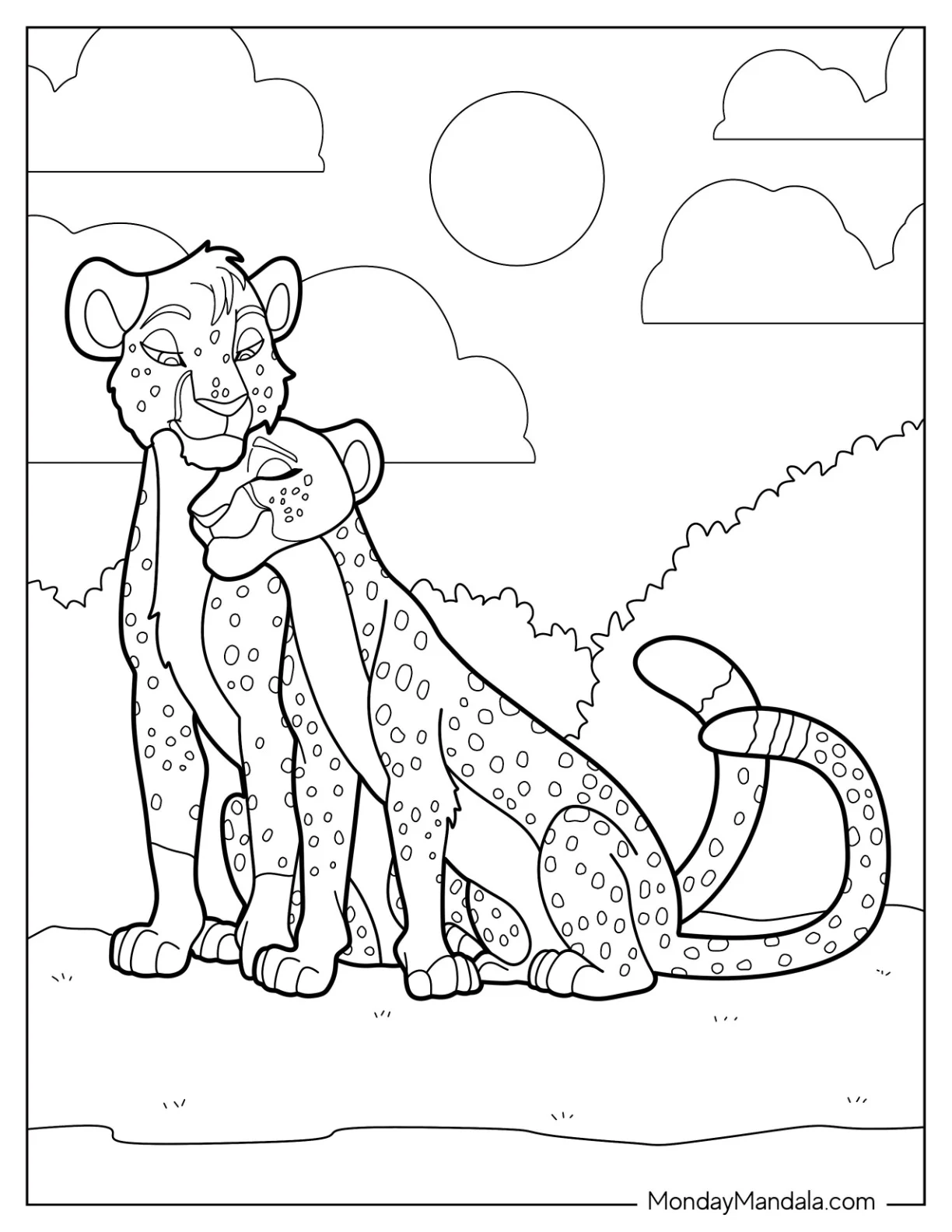 Two Cheetahs Coloring Page Cuddling coloring page