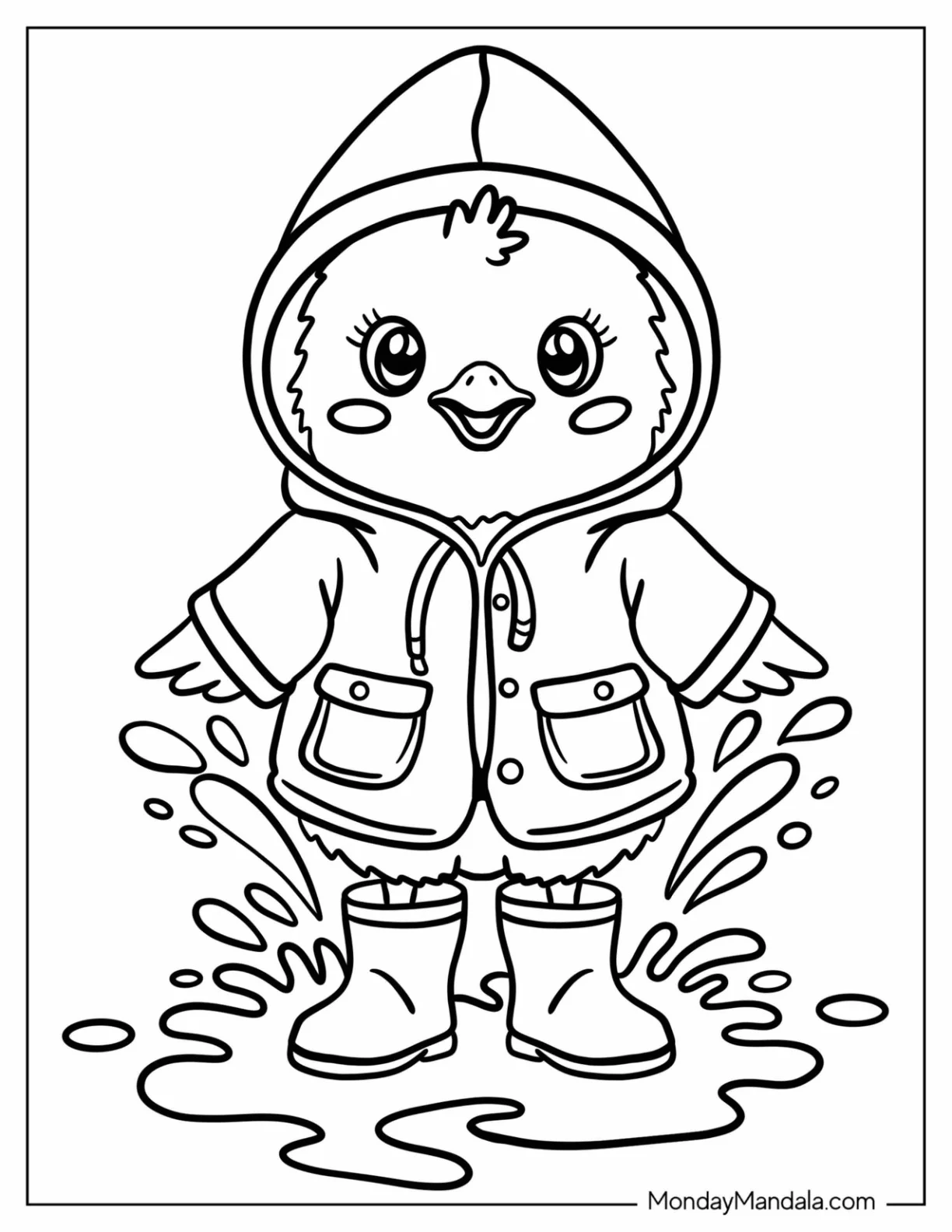 Baby Chicken Coloring Page in Raincoat Splashing in a Puddle for Kids coloring page