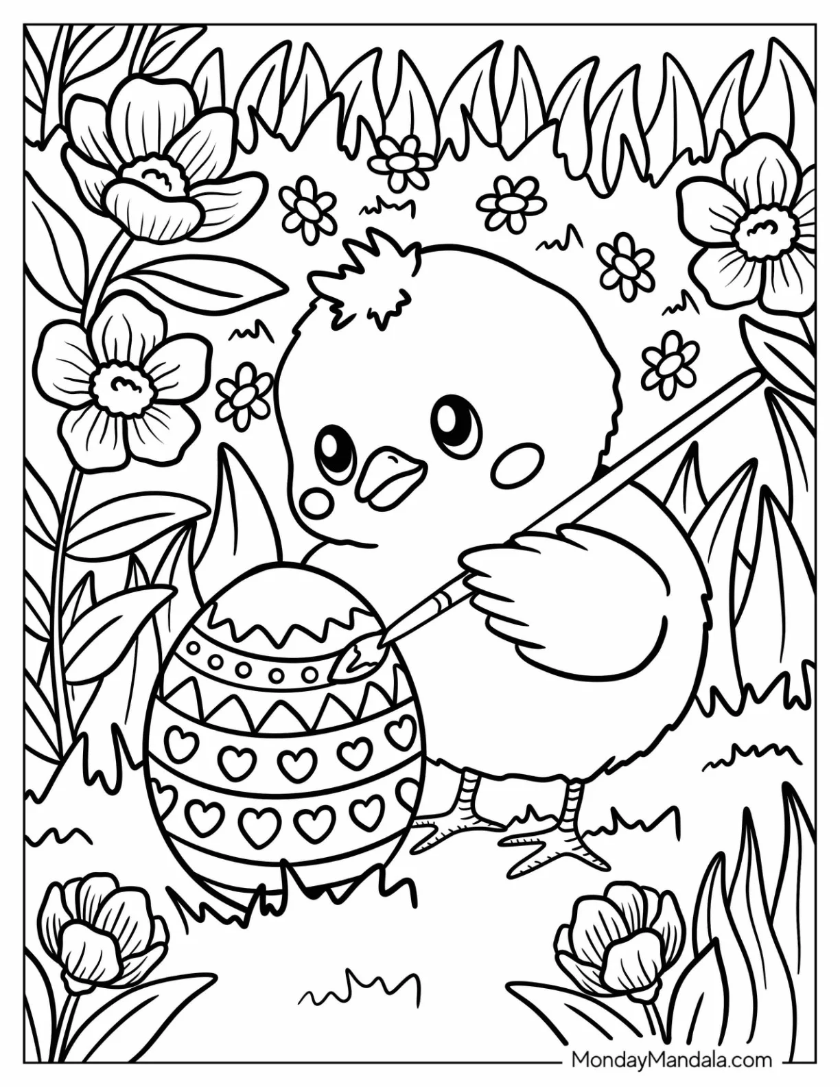 Baby Chicken Coloring Page Painting Easter Egg in Flower Garden coloring page