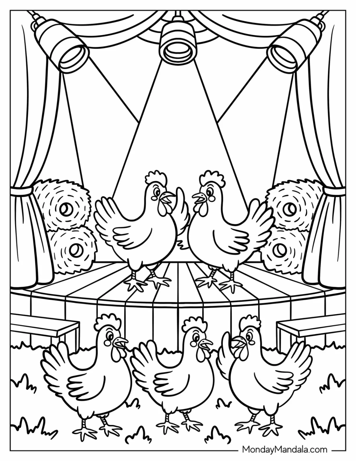 Barnyard Chicken Coloring Page Dance Party with Hay Bales for Kids coloring page