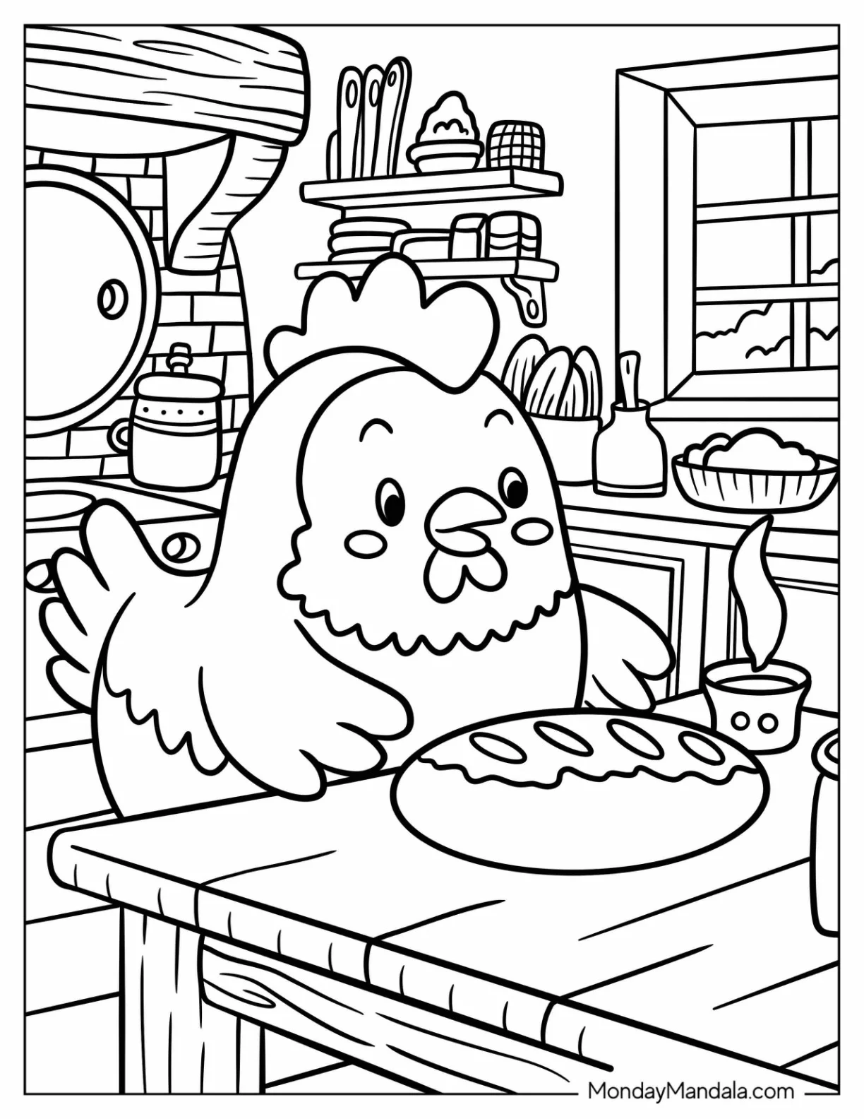 Chicken Coloring Page Baking Bread in Farmhouse Kitchen for Kids coloring page