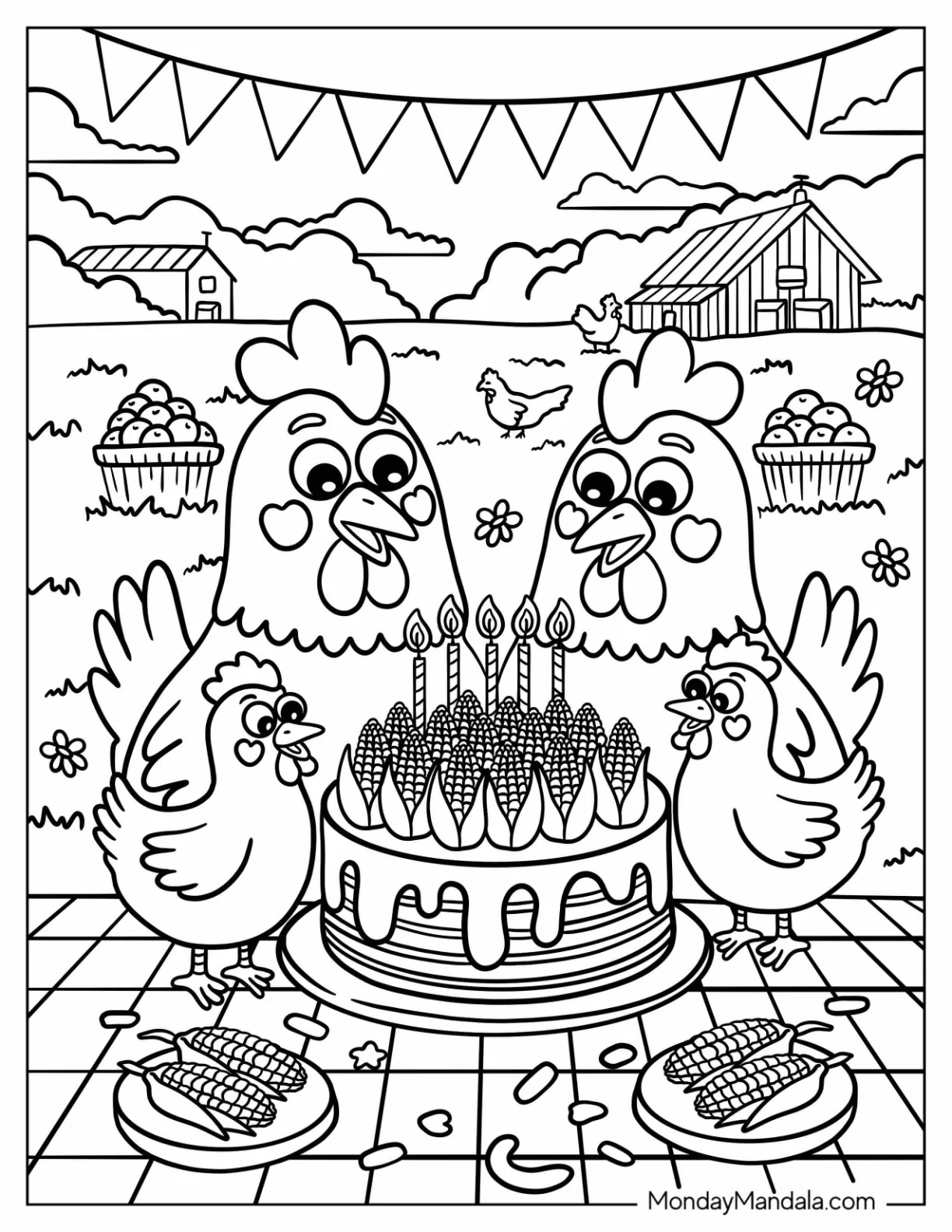Chicken Coloring Page Birthday Party With Corn Cake And Farm Decorations coloring page