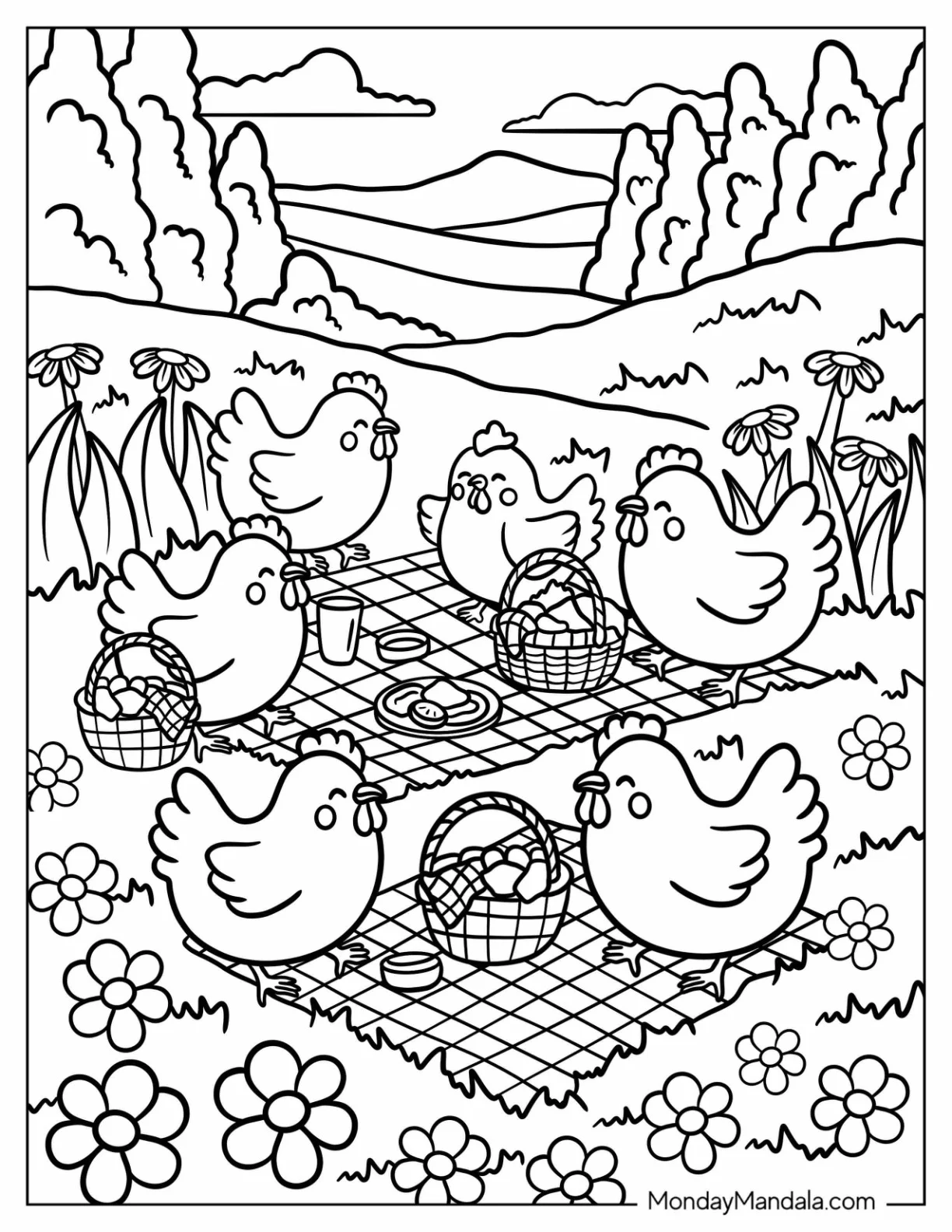 Chicken Coloring Page Picnic In A Flower Field With Baskets And Snacks coloring page