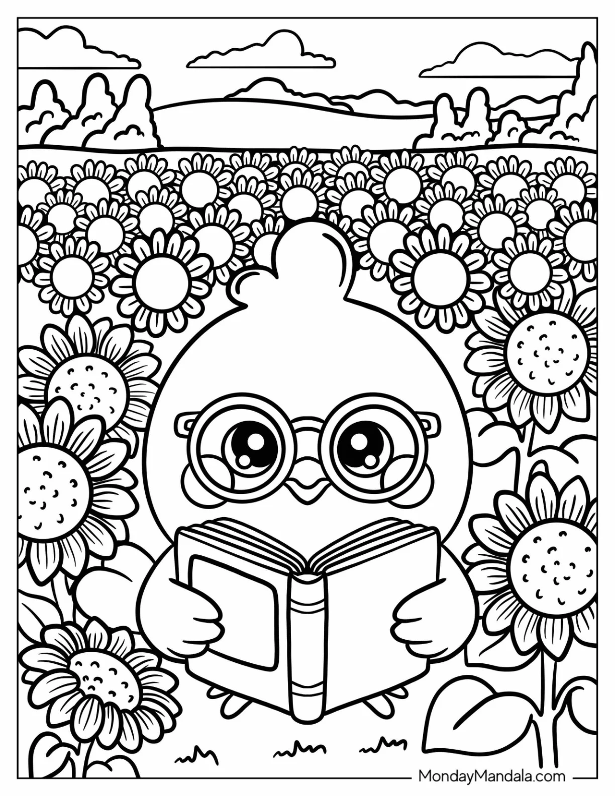 Cute Chicken Coloring Page Reading a Book in Sunflower Field coloring page — printable line art