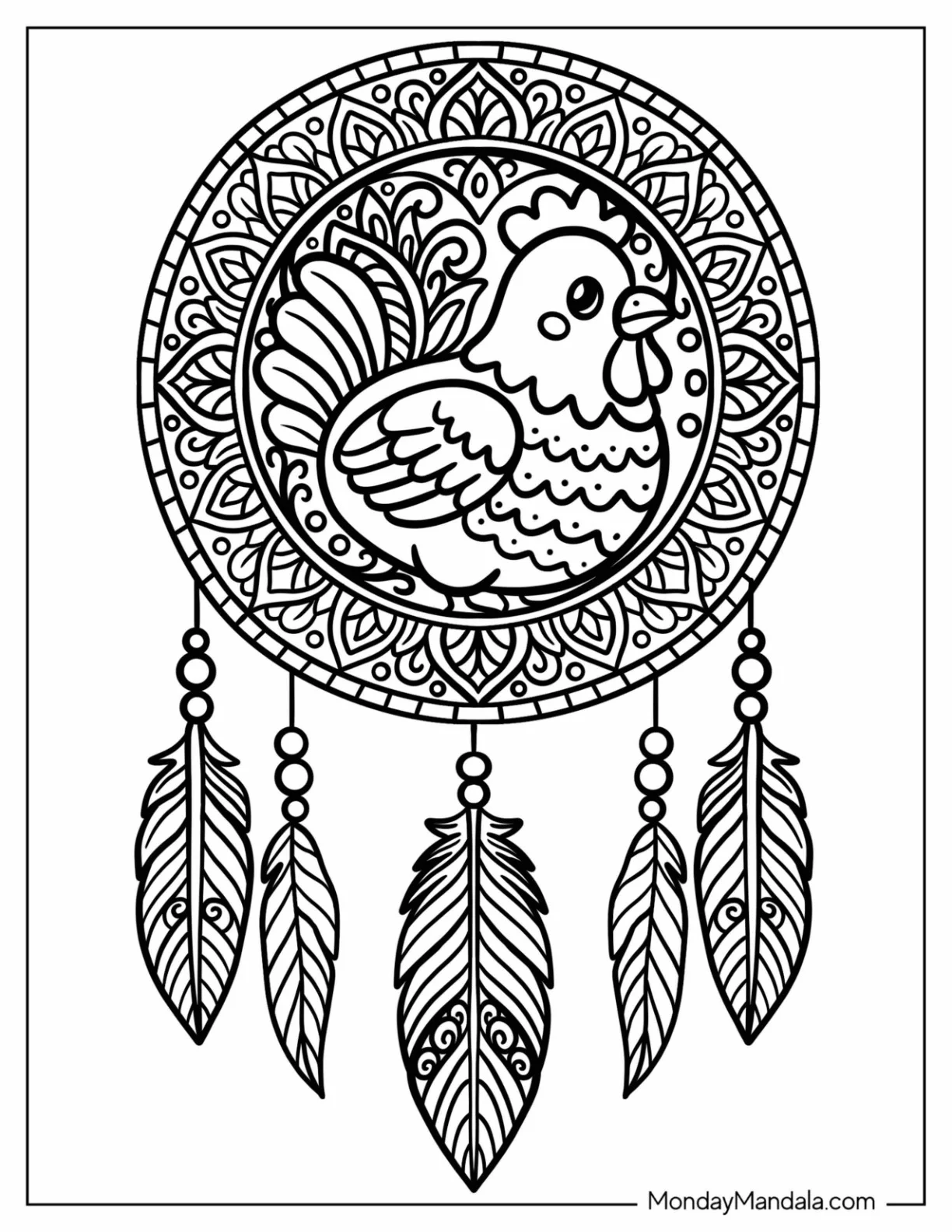 Cute Mandala Chicken Coloring Page Dreamcatcher With Feathers coloring page — printable line art