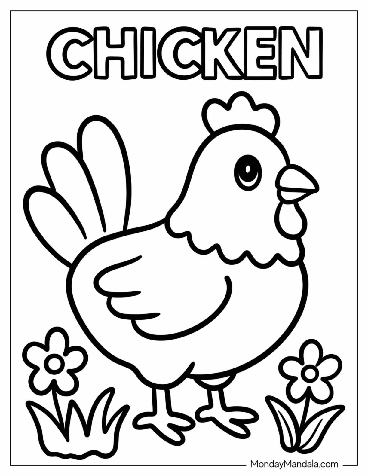 Farm Chicken Coloring Page Standing Under Text with Blossoms Around coloring page