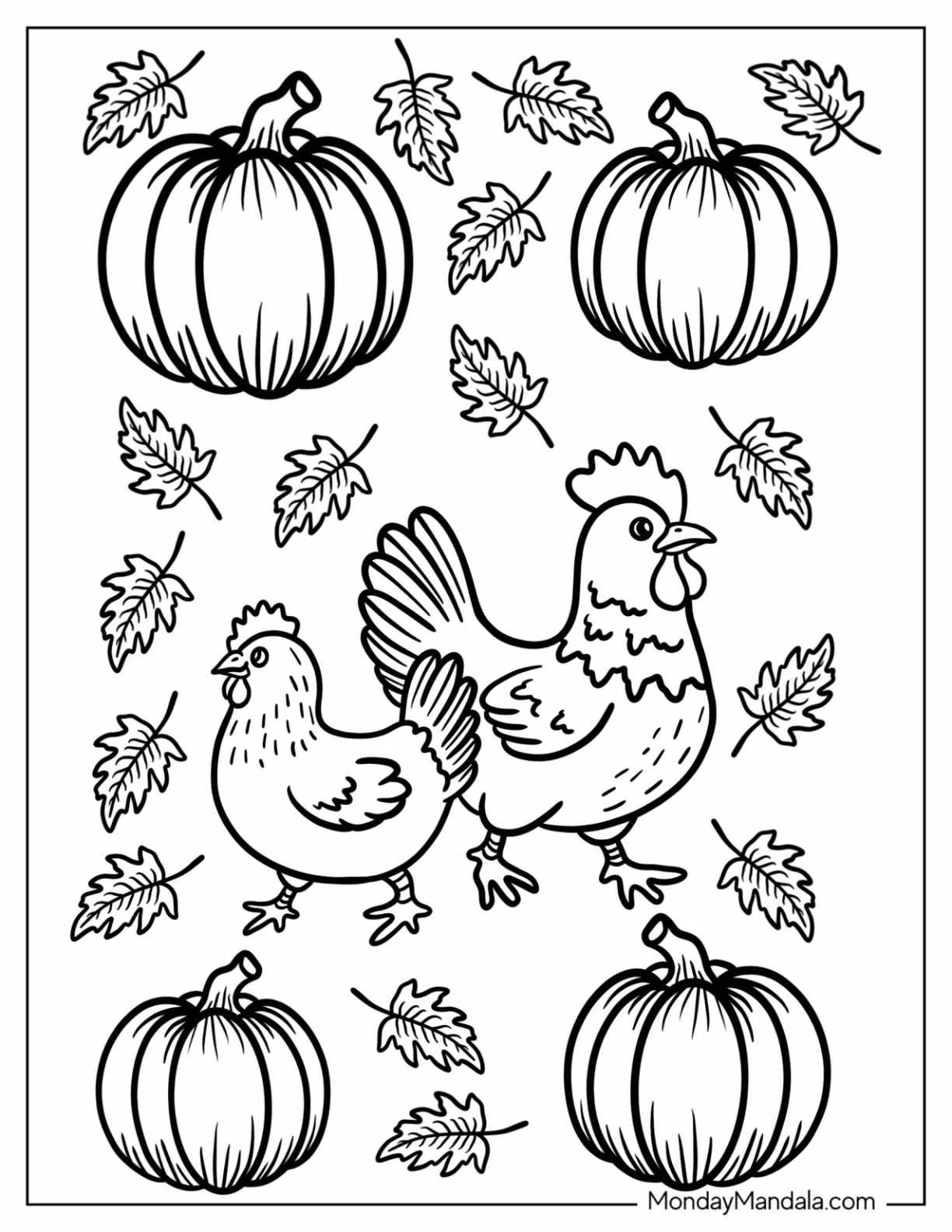 Hen and Chick Walking Among Autumn Leaves and Pumpkins coloring page