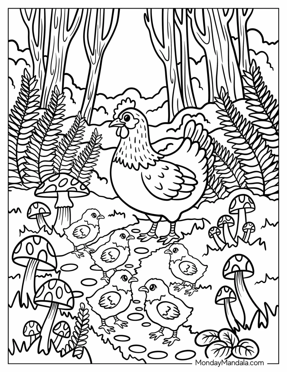 Hen and Chicken Coloring Page Walking Through Mushroom Forest coloring page