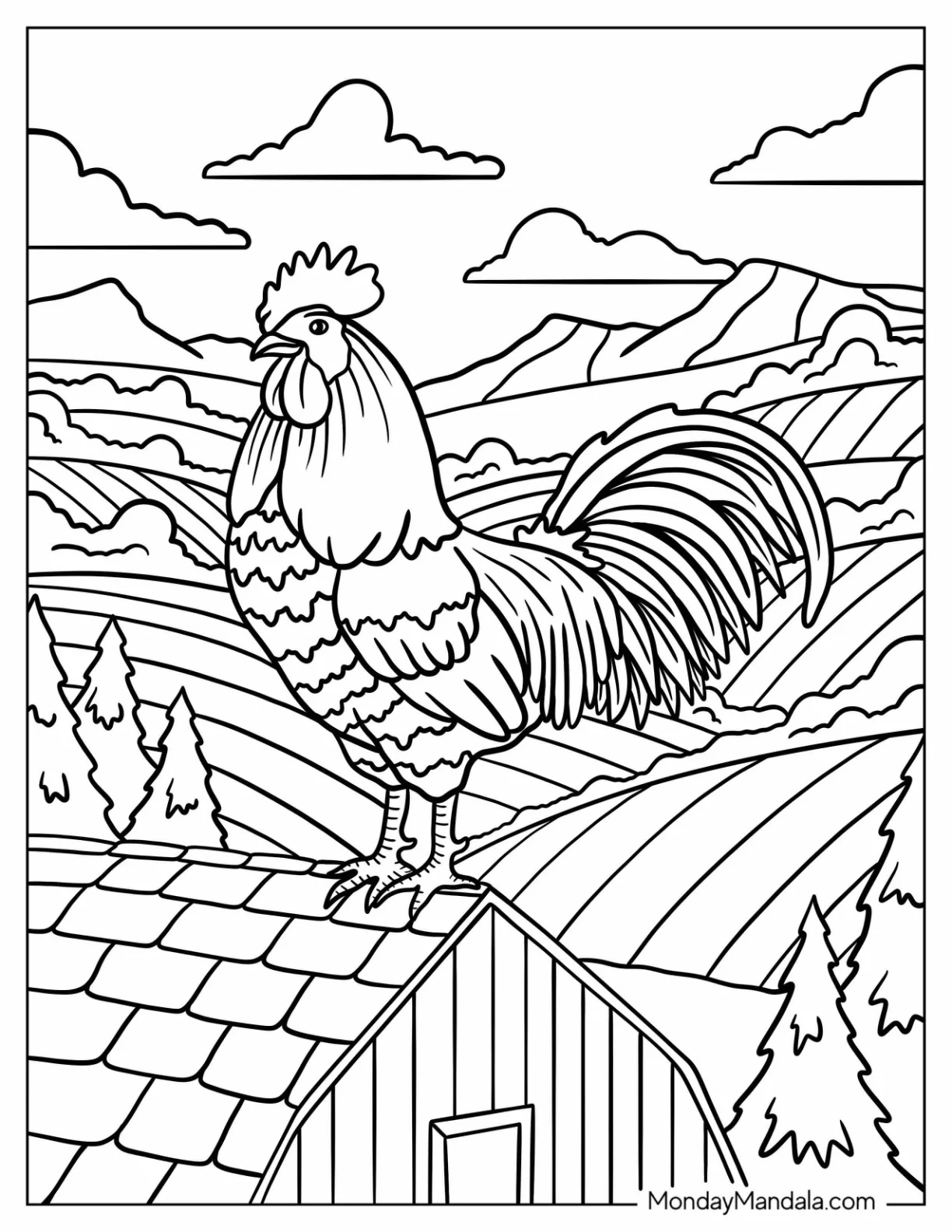Majestic Chicken Coloring Page Standing Proudly on a Barn Roof Overlooking Farmland coloring page — printable line art
