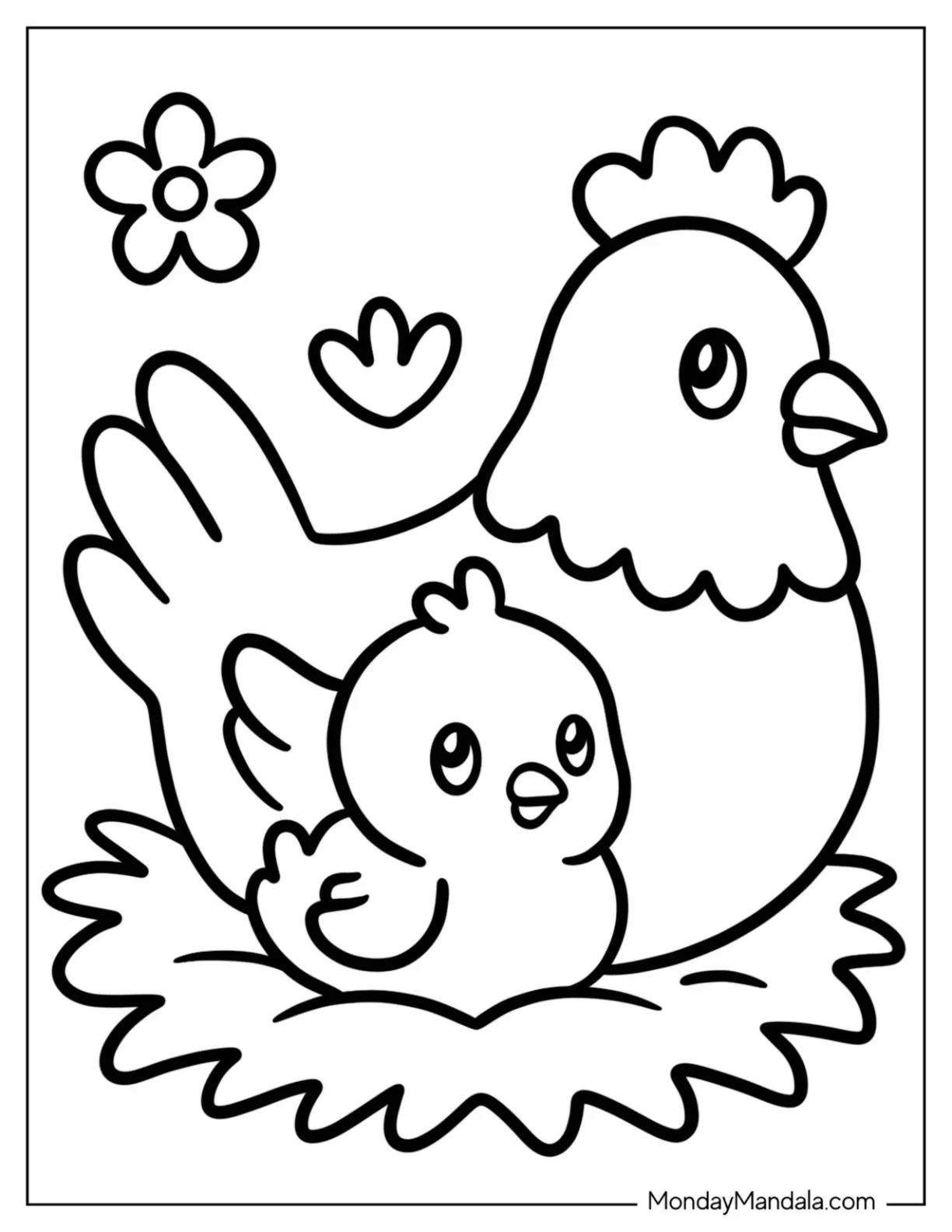 Mother Hen and Baby Chicken Coloring Page in Nest for Preschoolers coloring page — printable line art