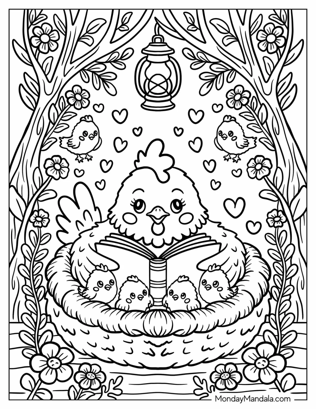 Mother Hen Reading a Story to Her Chicks in a Nest Coloring Page coloring page