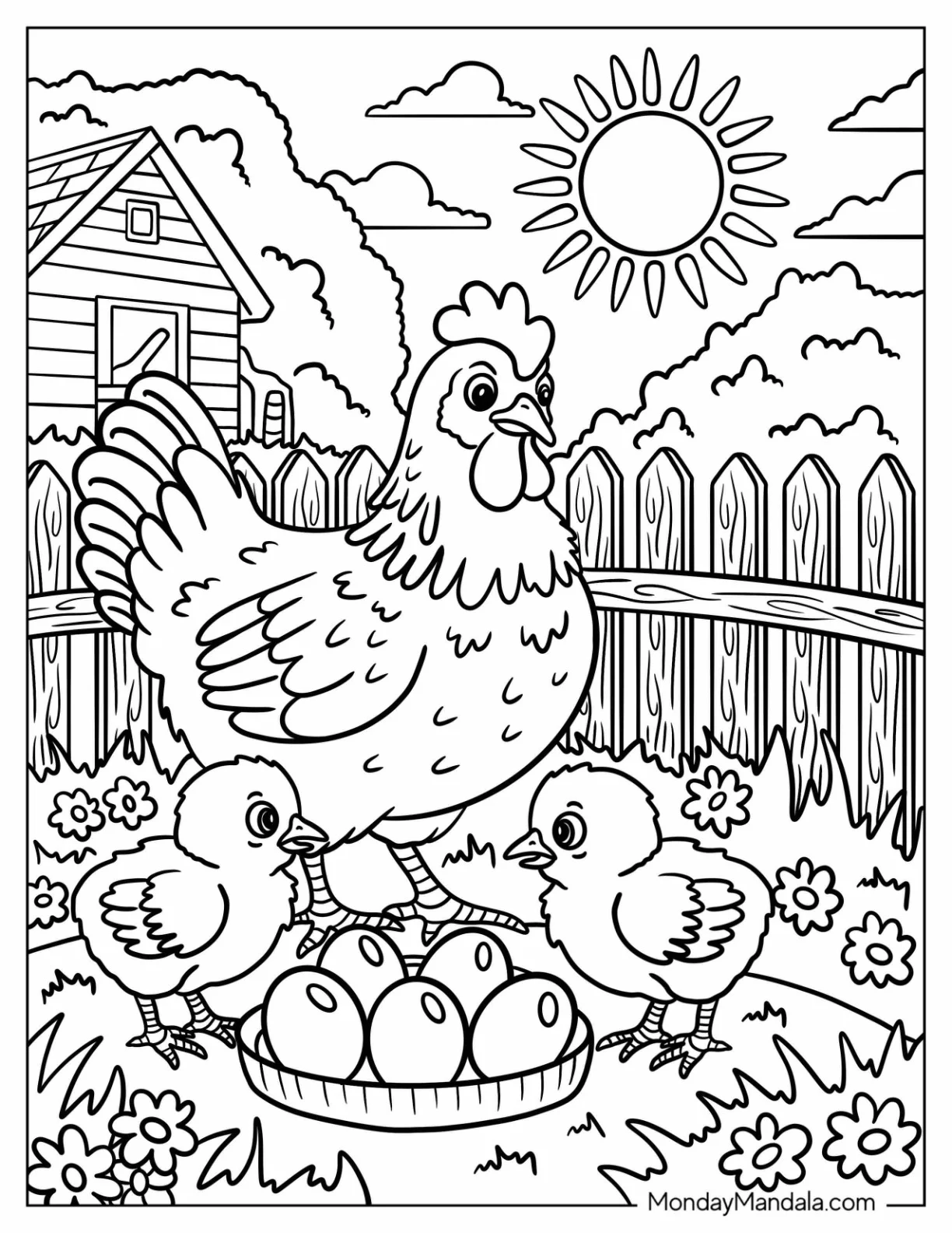 Mother Hen With Chicks And Eggs In Sunny Backyard Coloring Page for Kids coloring page