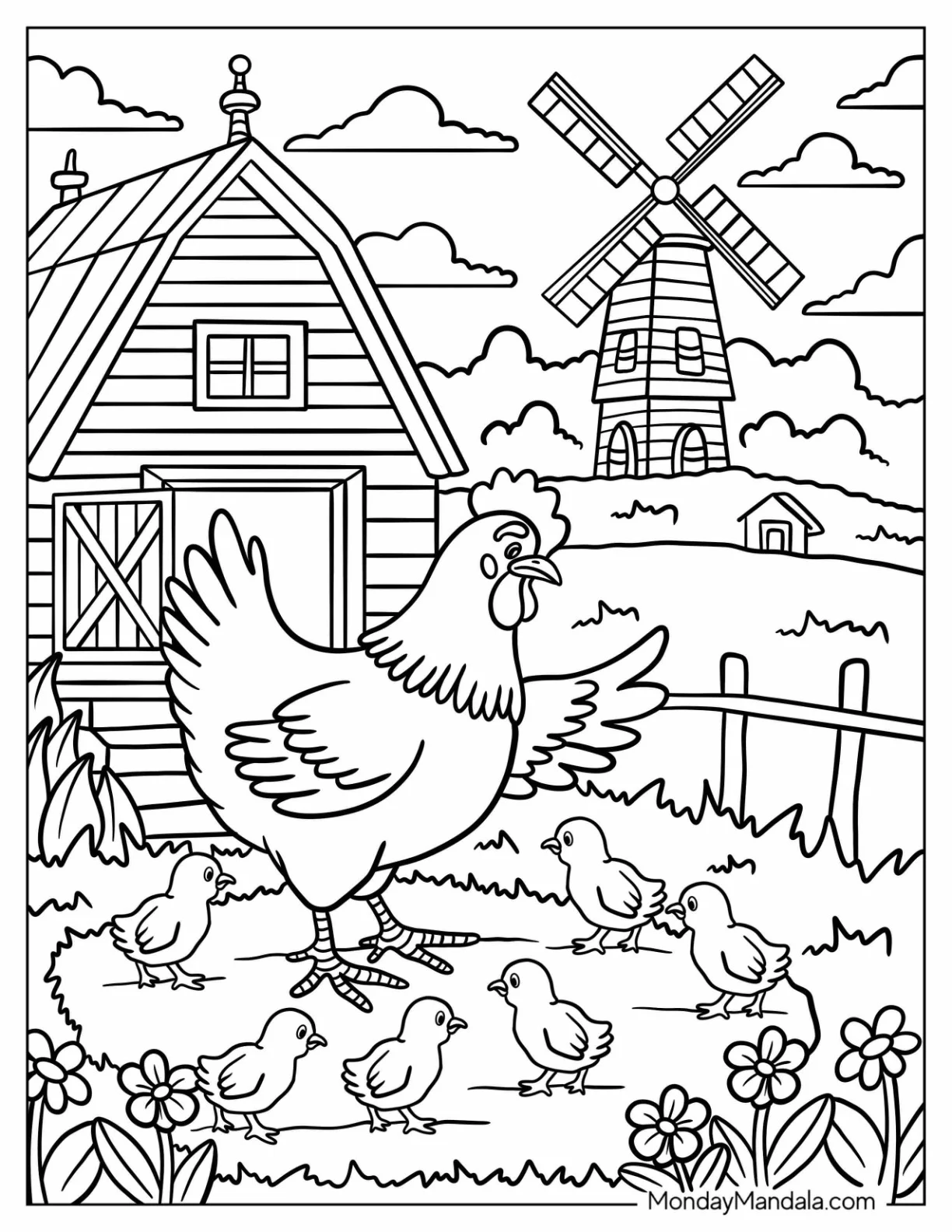 Mother Hen With Chicks on a Farm With Windmill coloring page