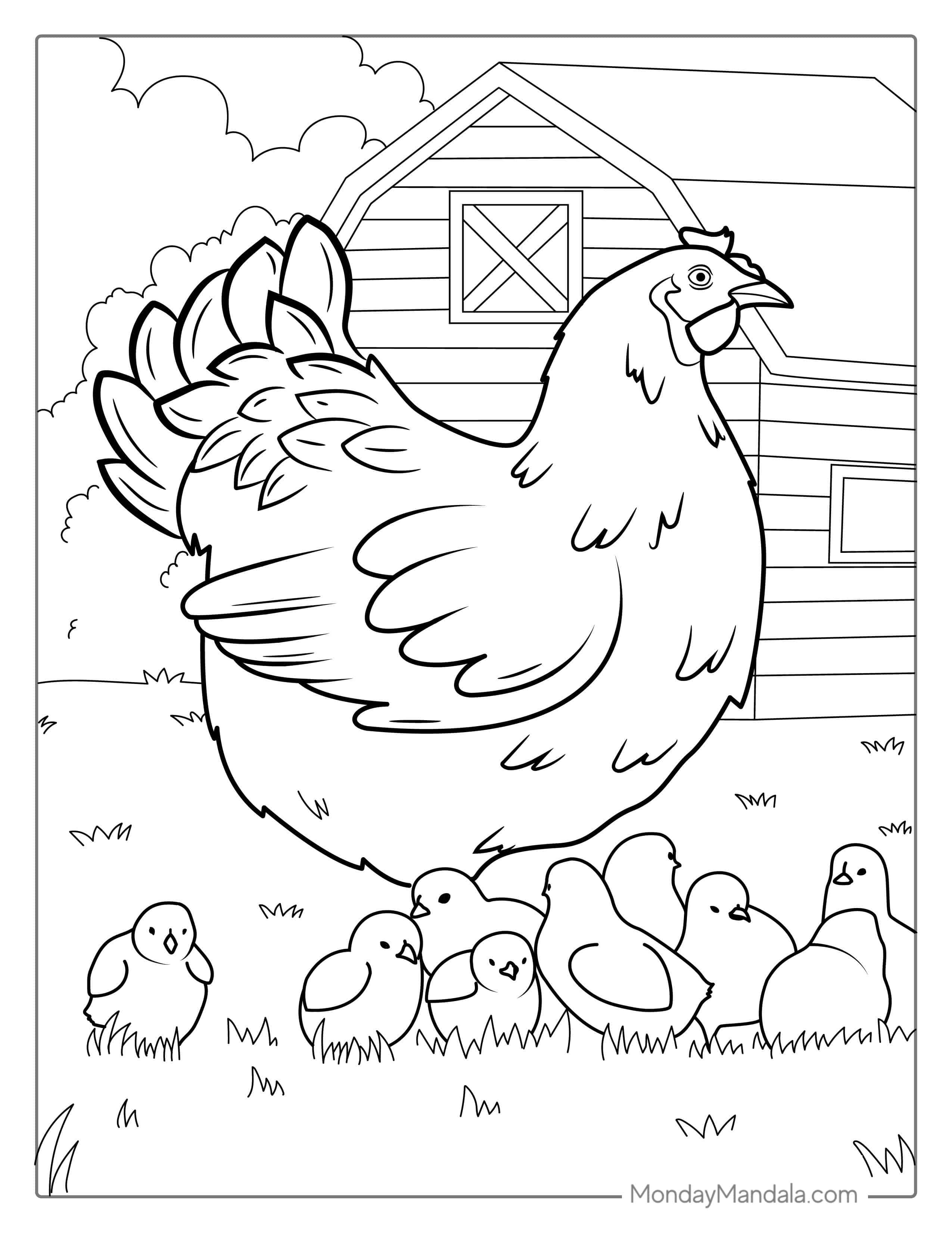Mother Hen With Newborn Chicks To Color coloring page — printable line art