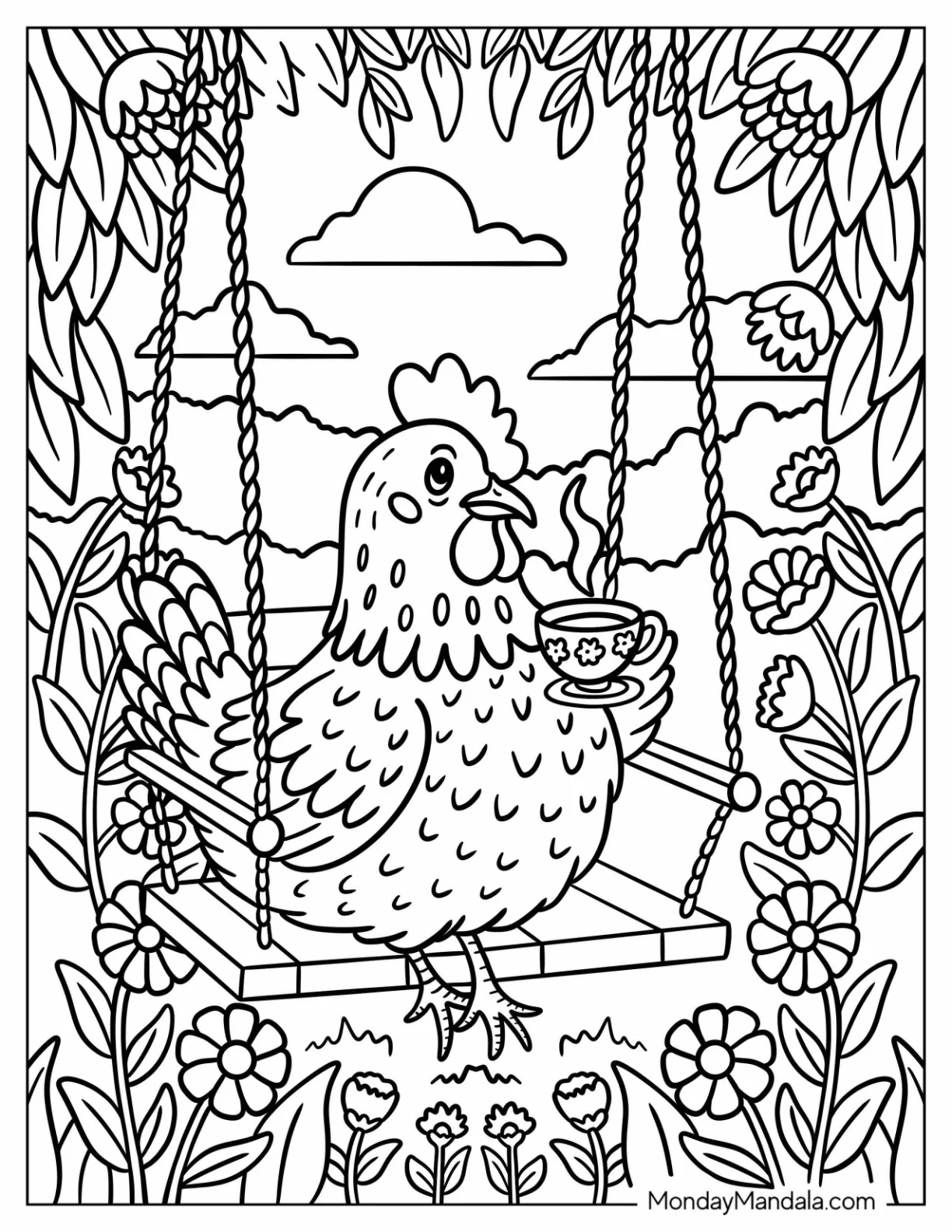 Pretty Chicken Enjoying a Cup of Tea in Flower Garden Coloring Sheet coloring page