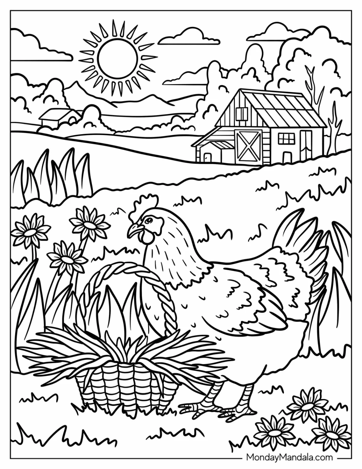 Realistic Chicken Coloring Page Standing in Front of a Basket on a Farm coloring page