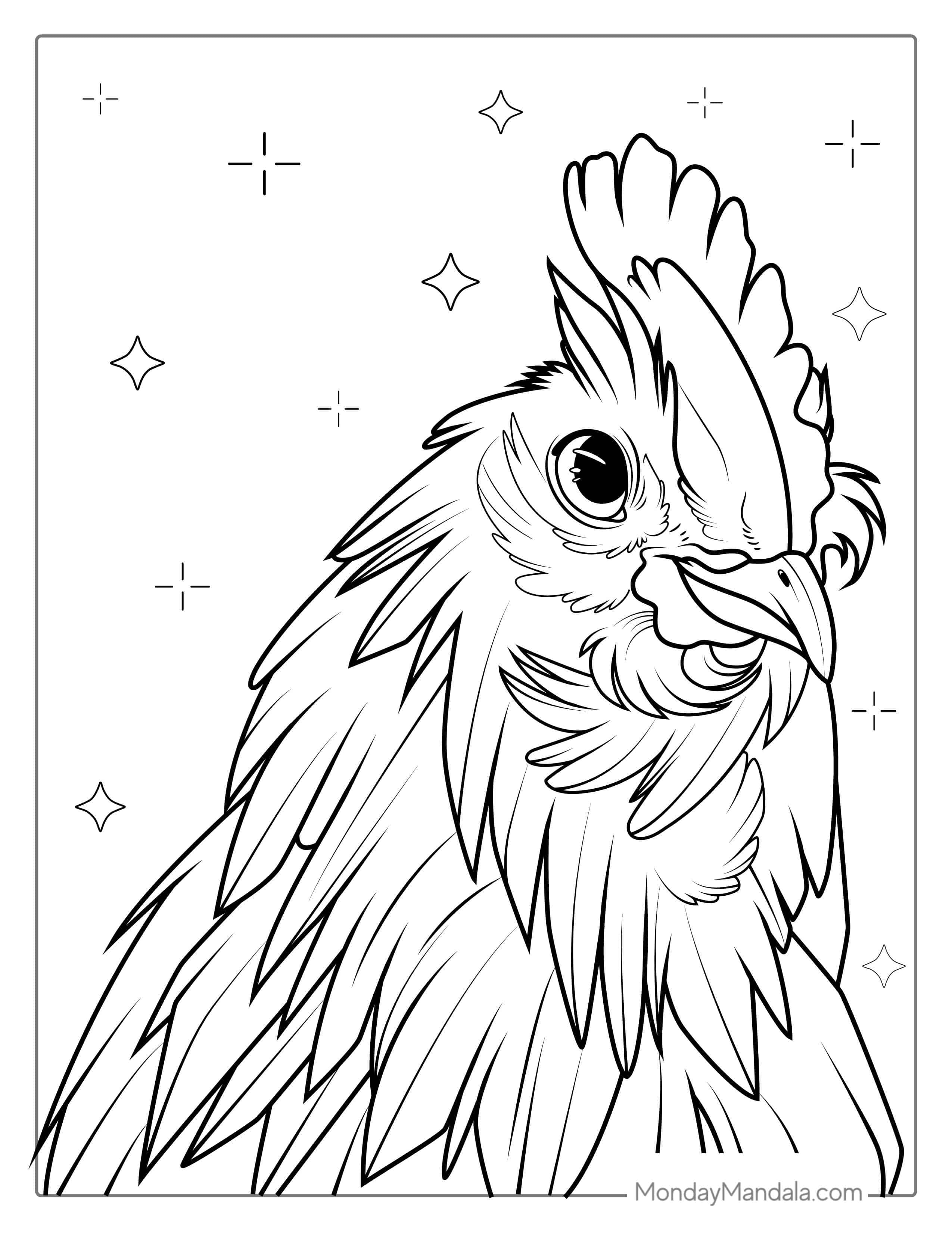 Realistic Chicken Head With Detailed Feathers coloring page