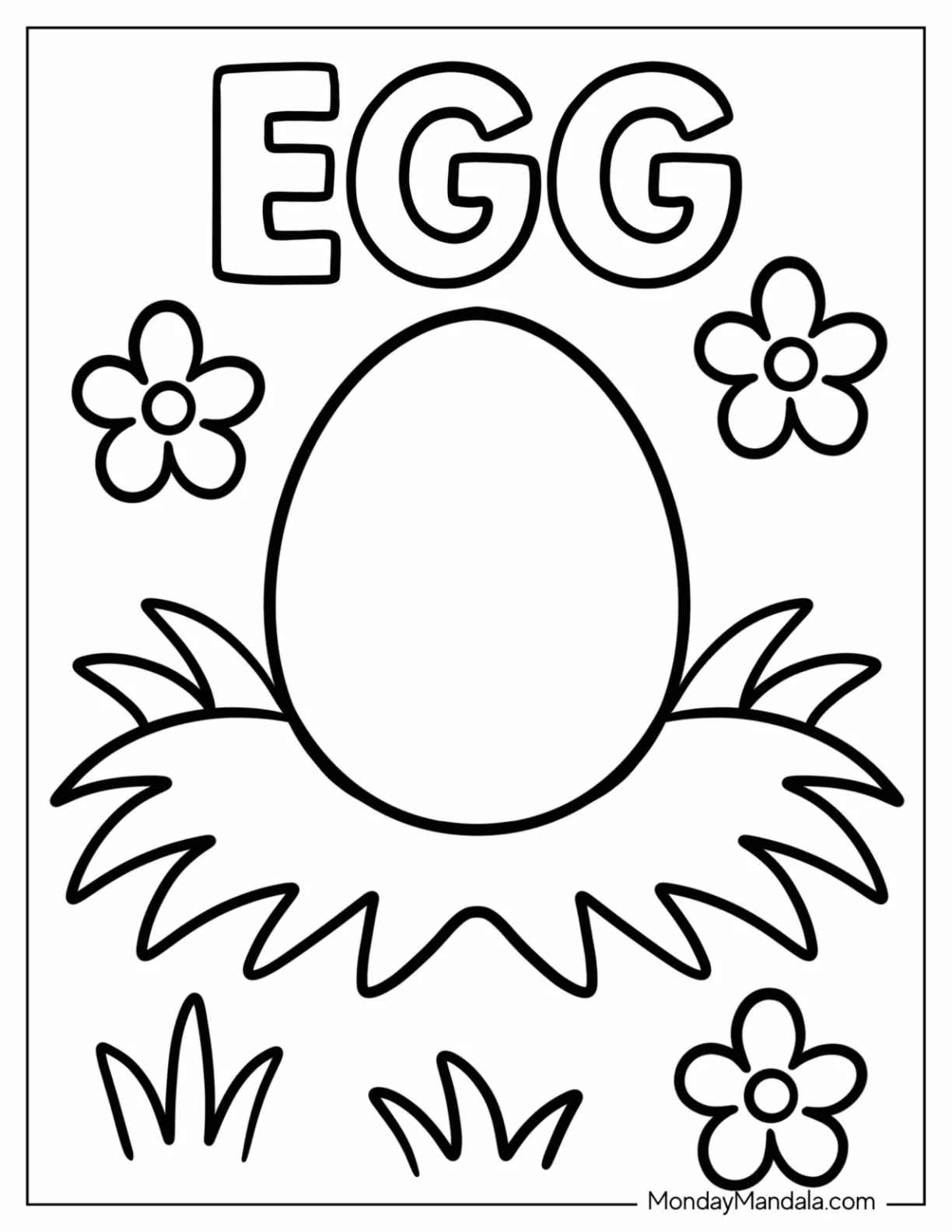 Simple Chicken Egg in a Nest With Flowers Coloring Sheet for Preschoolers coloring page