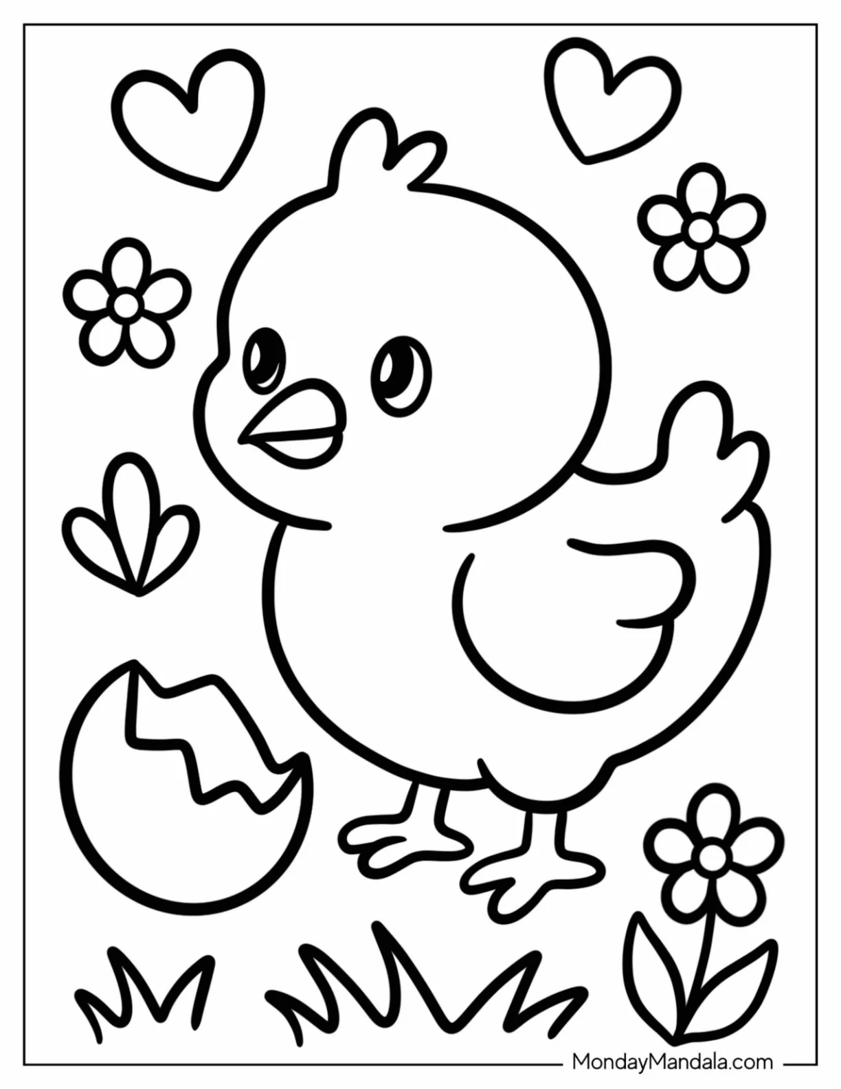 Sweet Baby Chicken Coloring Page With Cracked Eggshell and Hearts for Preschoolers coloring page