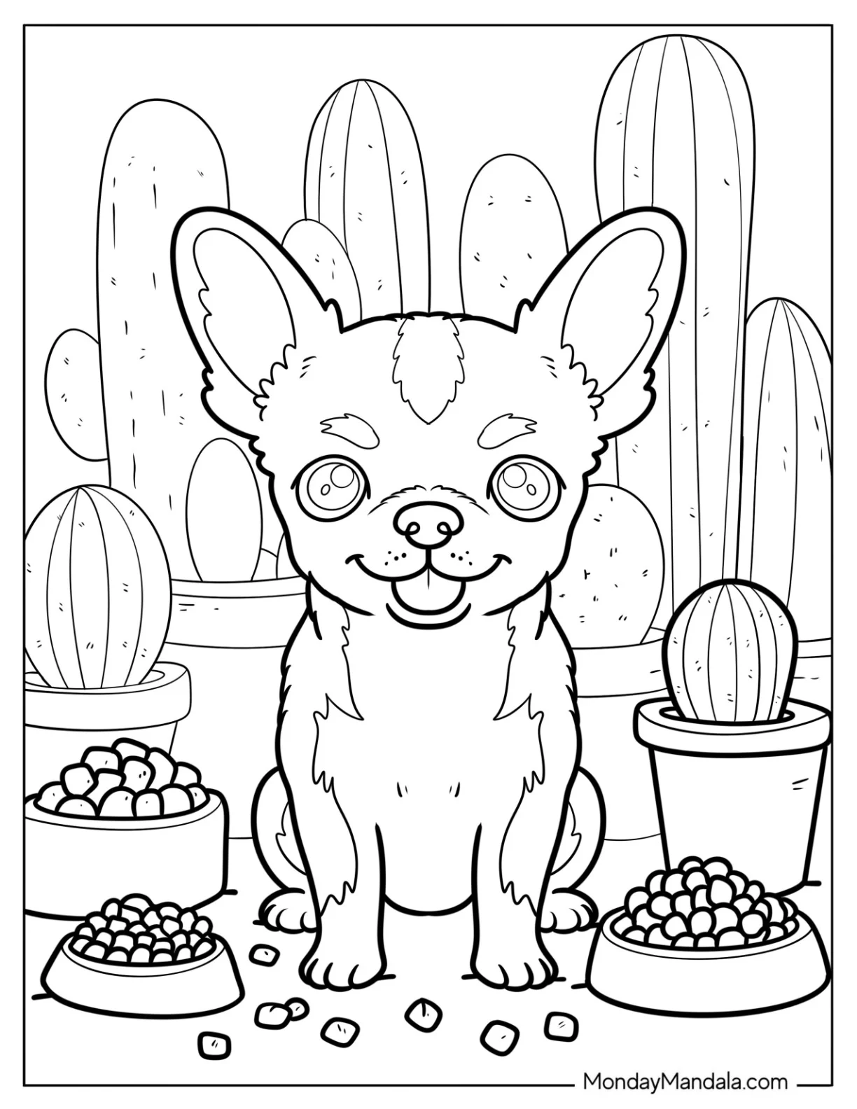 Baby Chihuahua Coloring Page Sitting Next to Dog Food and Potted Cacti coloring page