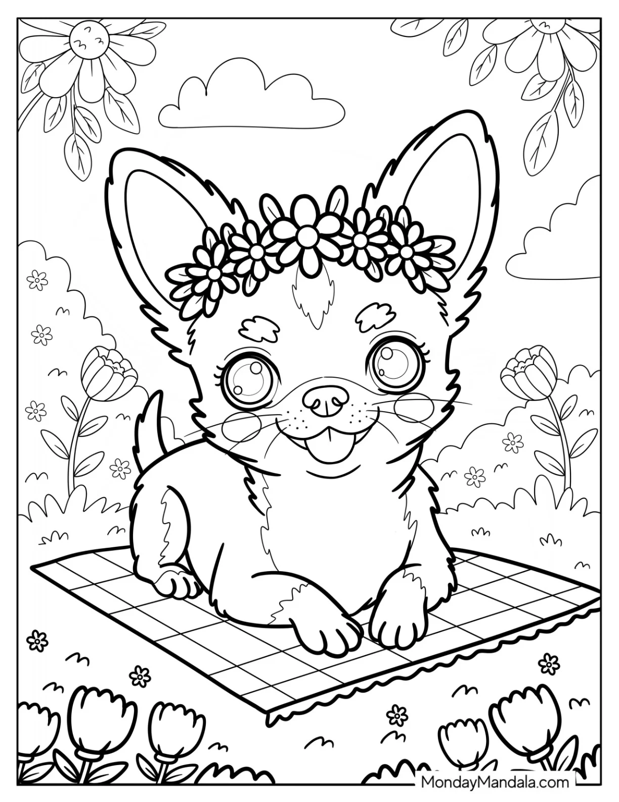 Blushing Chihuahua Coloring Page with a Flower Crown Resting in the Garden coloring page
