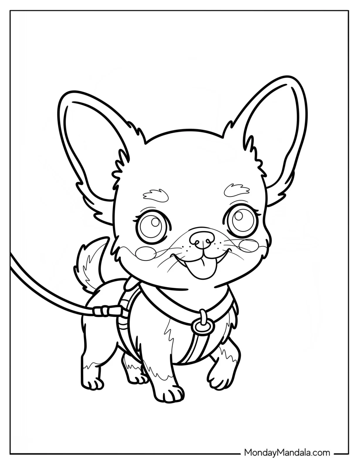 Cartoon Chihuahua Coloring Page Walking on a Leash for Kids coloring page — printable line art