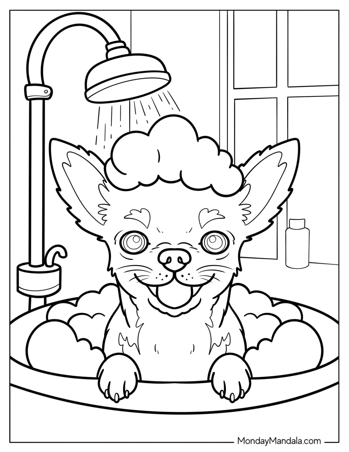 Chihuahua Coloring Page Covered in Suds in the Bathtub for Kids coloring page — printable line art