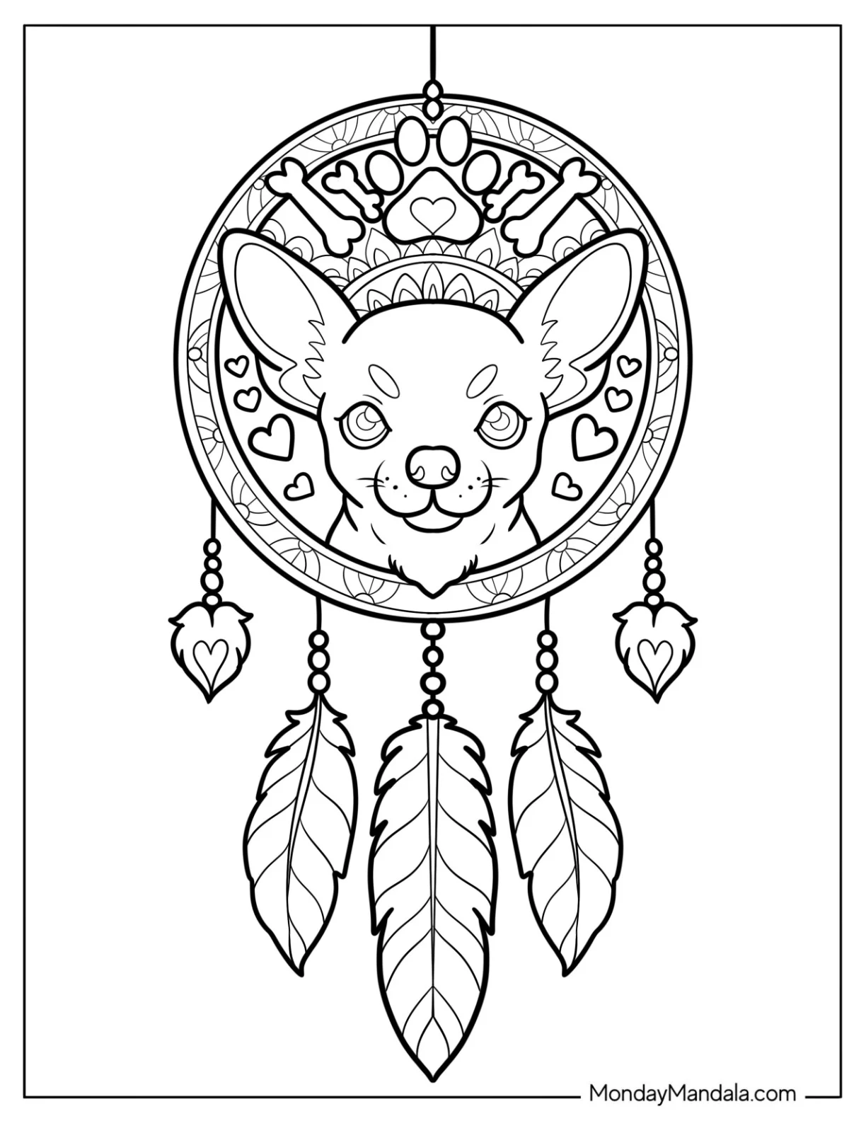 Chihuahua Coloring Page Dreamcatcher with Cute Feathers coloring page