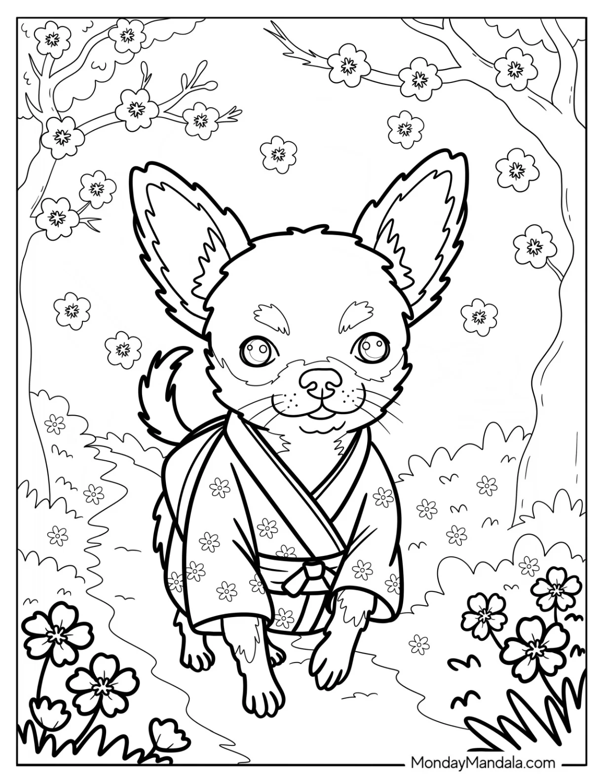 Chihuahua Coloring Page in a Floral Kimono Walking Under Cherry Blossoms coloring page — printable line art