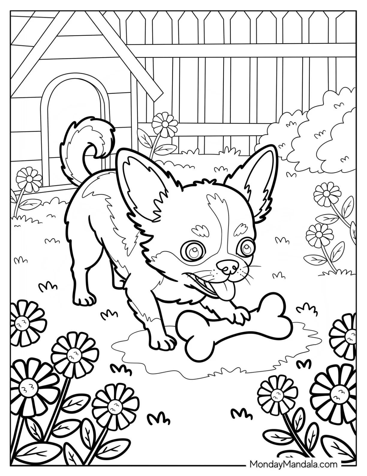 Chihuahua Coloring Page Puppy Playing with a Bone in the Garden coloring page — printable line art