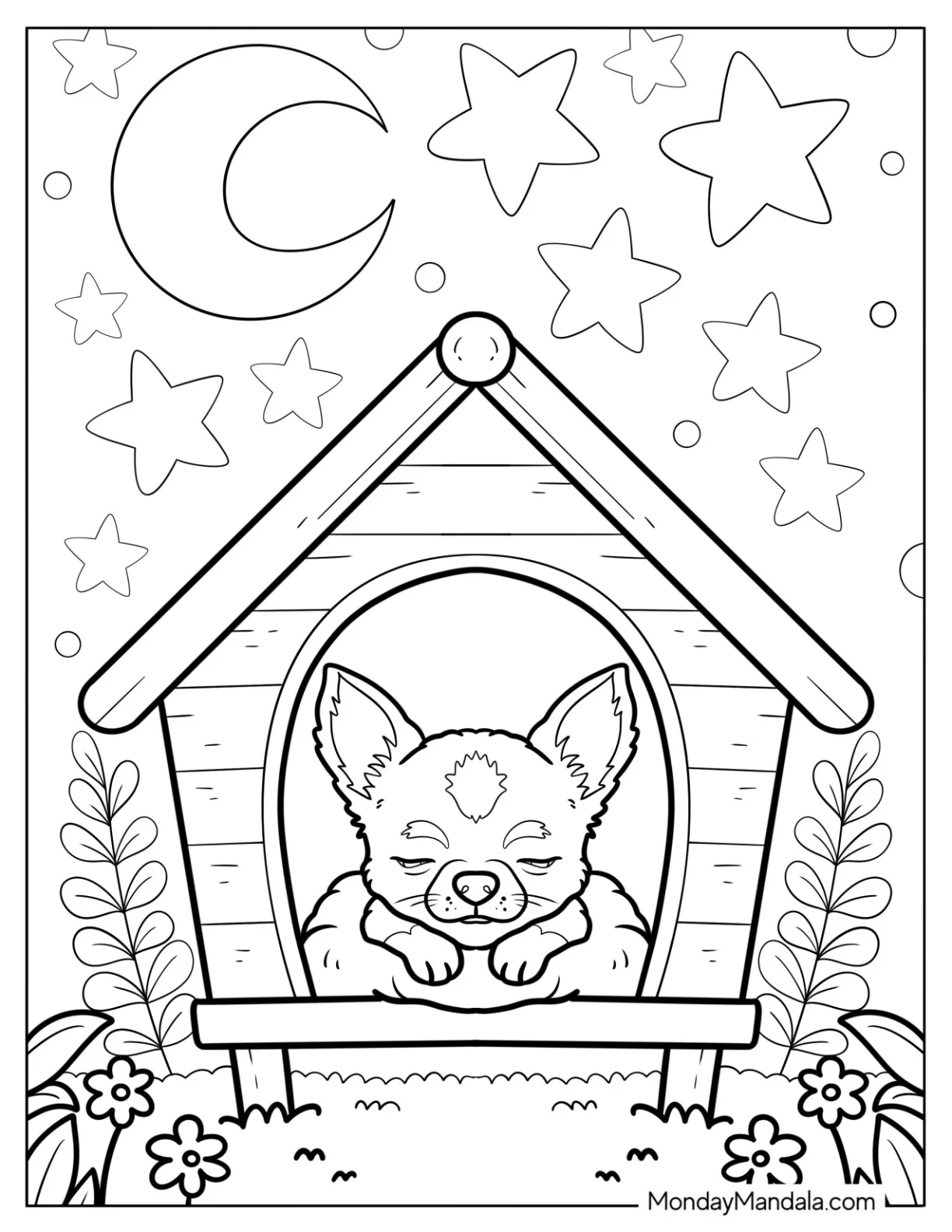 Chihuahua Coloring Page Sleeping Inside a Wooden Dog House coloring page — printable line art