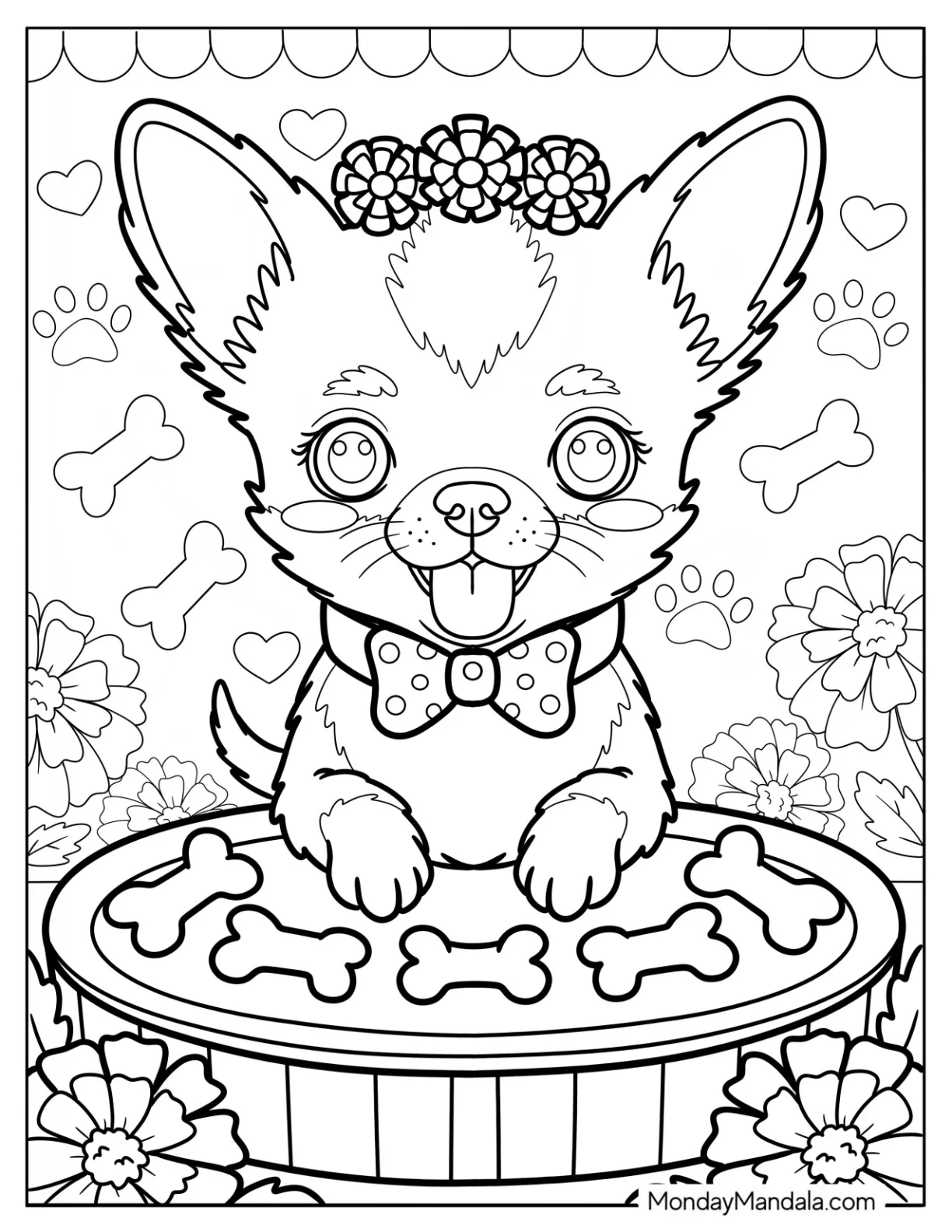Chihuahua Coloring Page with a Bowtie Leaning Over a Huge Pie with Bone Treats coloring page — printable line art